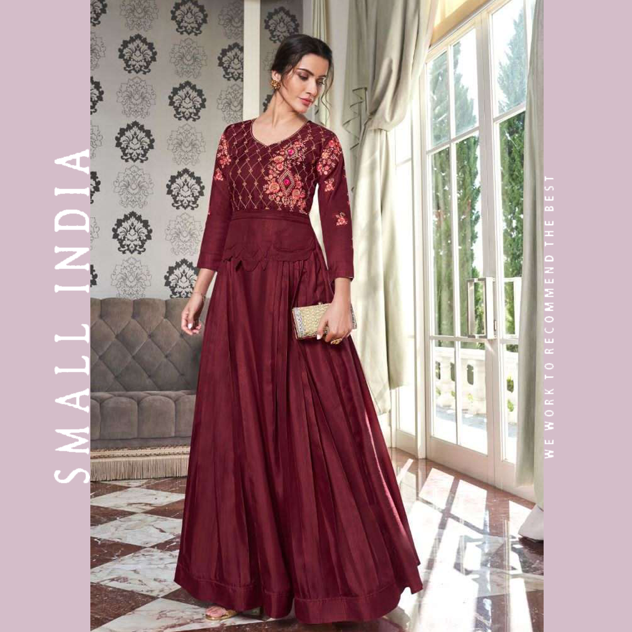 {**ส่งฟรี**} SMALL INDIA 👗 Maslin Cotton With Handwork Gown Dress ชุดเดรส 👗 Women Maroon Gown Dress ราคา 2,490 บาท*ส่งฟรี
