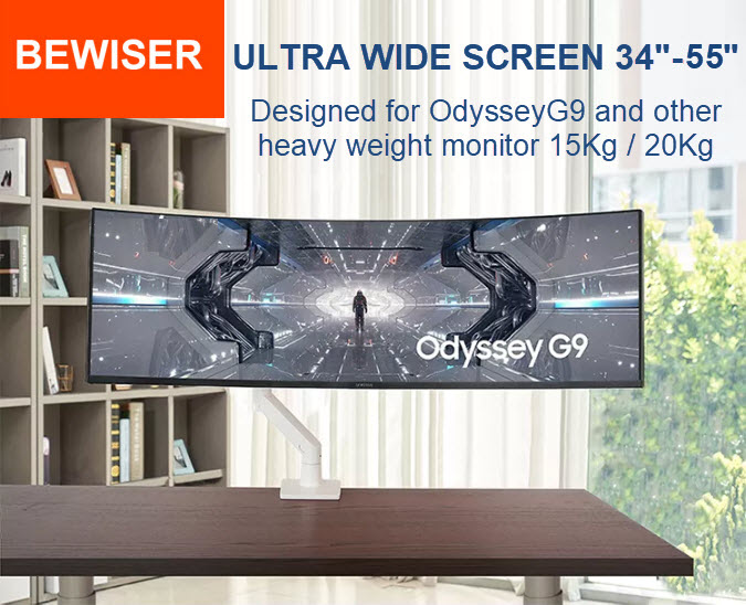 BEWISER S515/S1020 Ultra Wide Screen Arm Designed for Curved Display VESA Monitor 34"-55" Max.15Kg / 20Kg Level adjustable Freely Tilt & Rotate Gas Spring Arm support weight Heavy Duty Aircraft Grade Aluminum (Inc VAT) ราคา 3,890 บาท*ส่งฟรี