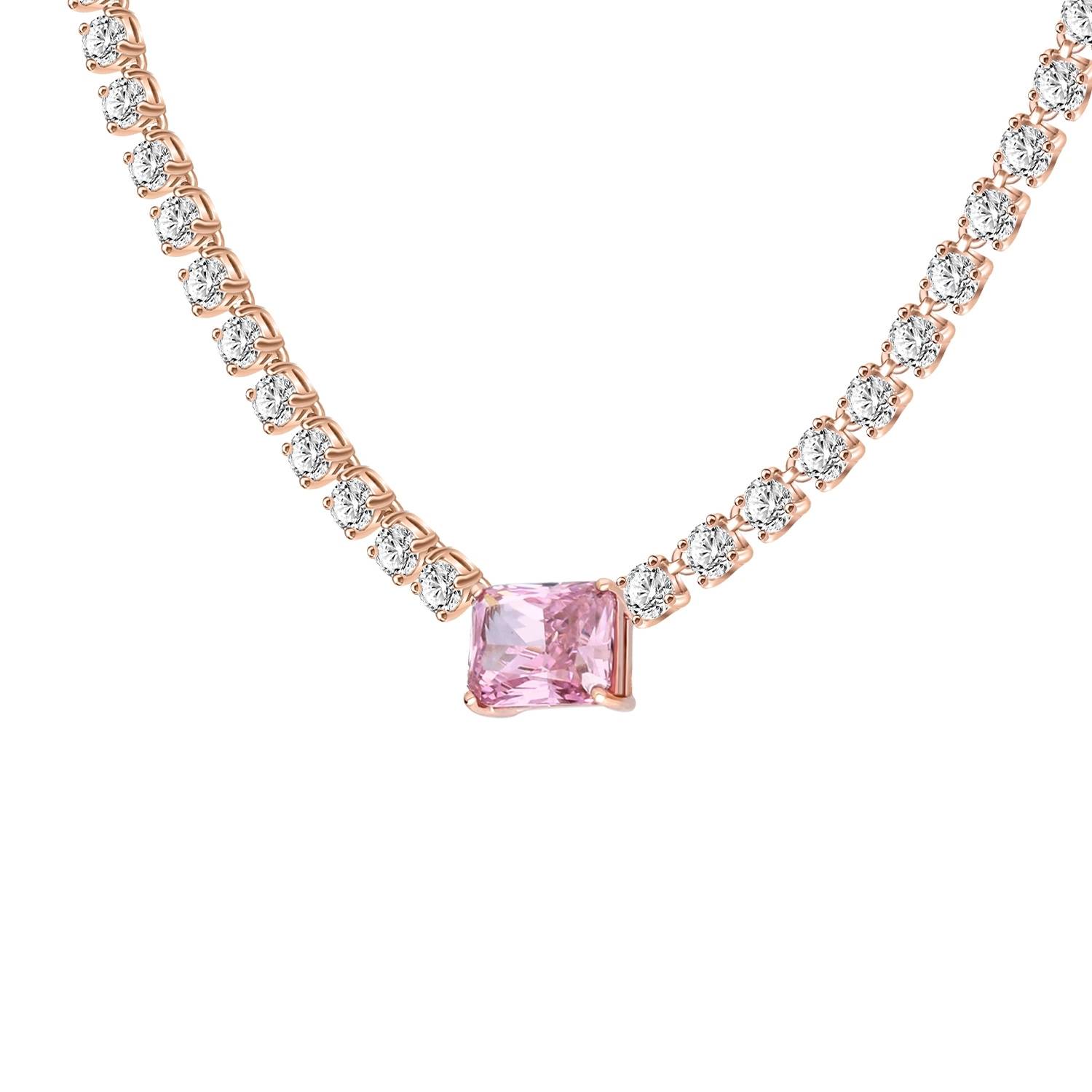 Merii Rose Gold Plated Silver Tennis Necklace Decorated with Pink Octagon Cz and Cz Diamonds, Size 14 3/4"-16 3/4 Inches. ราคา 19,900 บาท*ส่งฟรี