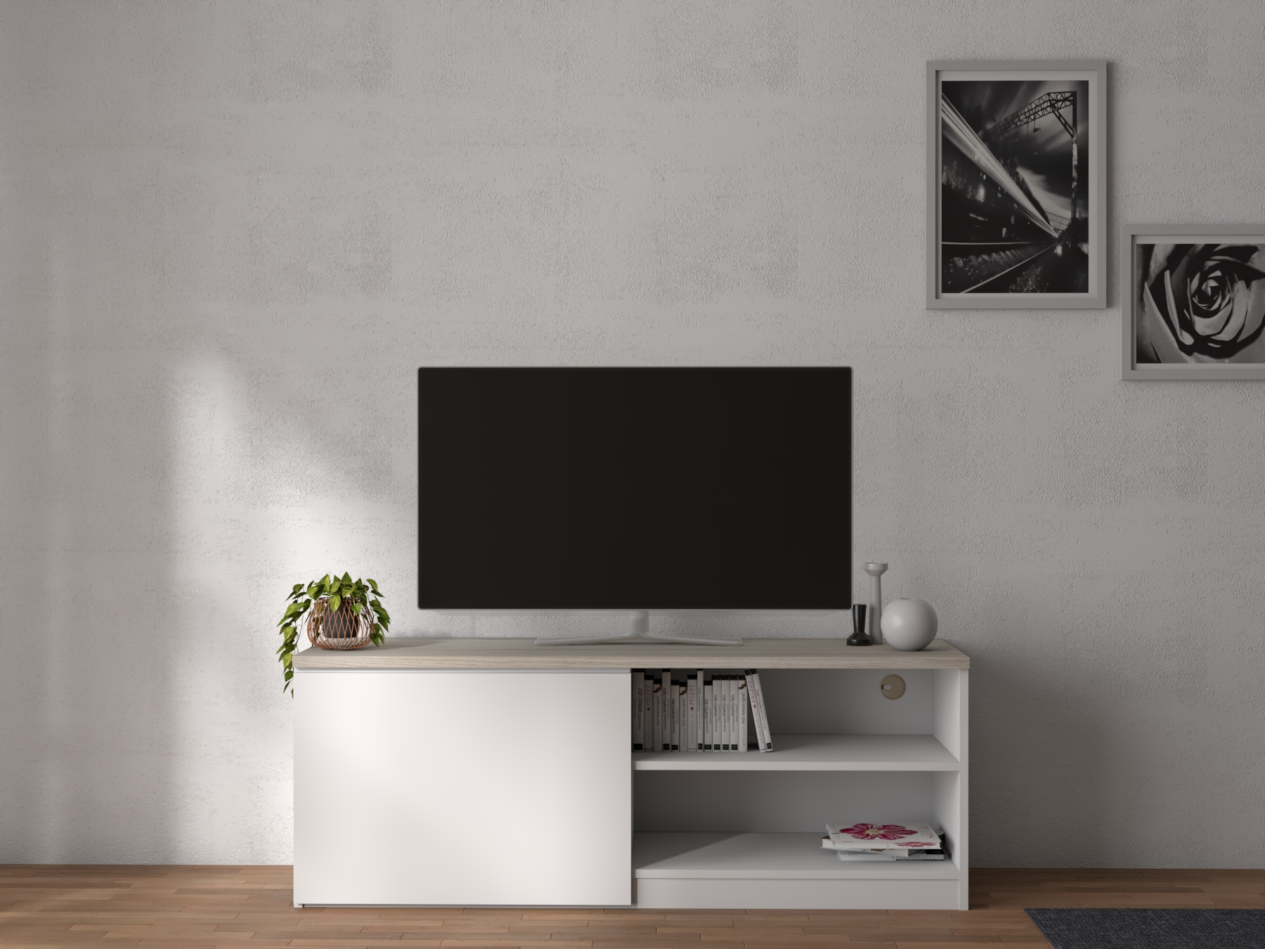 Armadio01 ชั้นวางทีวีแบบมีบานพับ สีทูโทน ทำจากไม้คุณภาพสูง เหนียว ทนทาน รับน้ำหนักได้ดี ราคา 2,470 บาท*ส่งฟรี