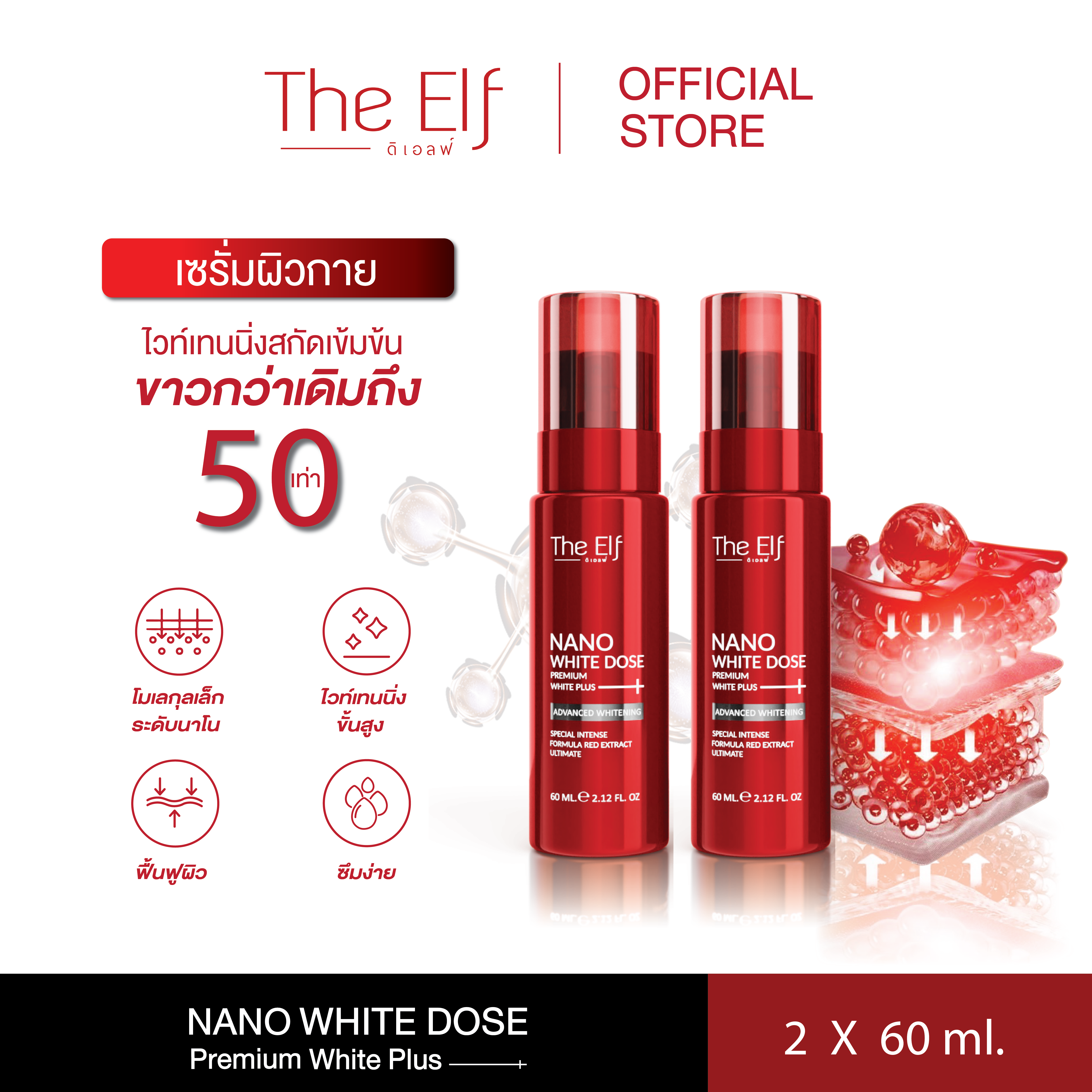 (แพ็คคู่) The Elf ดิเอลฟ์ นาโน ไวท์ โดส พรีเมี่ยม ไวท์ พลัส สูตรใหม่ 60 มล. ราคา 650 บาท*ส่งฟรี