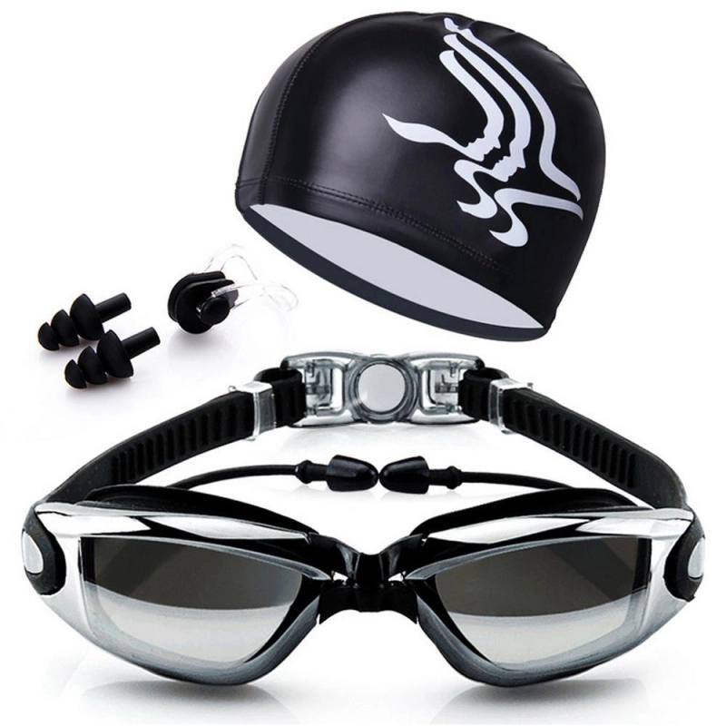 ภาพหน้าปกสินค้าชุดแว่นตาว่ายน้ำผู้ใหญ่ แว่นตาว่ายน้ำ ผู้หญิงและชาย กรอบแว่นตาขนาดใหญ่ แว่นตา + มีที่อุดหู + หมวก
