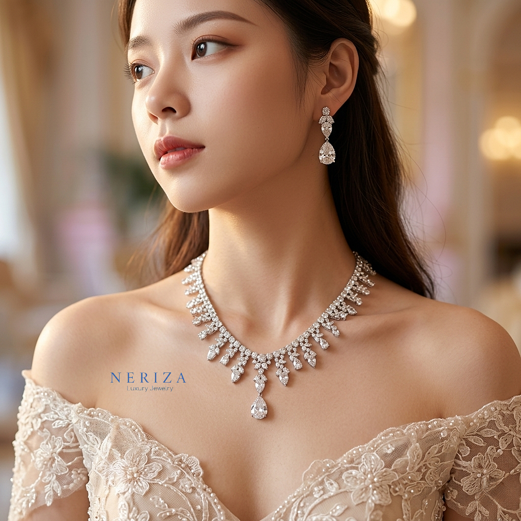 Neriza Jewelry/Premium Grade Synthetic Diamond Jewelry Set, Sparkling Like Real Diamonds. Bridal Jewelry, Diamond Necklace Nsw082 ราคา 4,700 บาท*ส่งฟรี