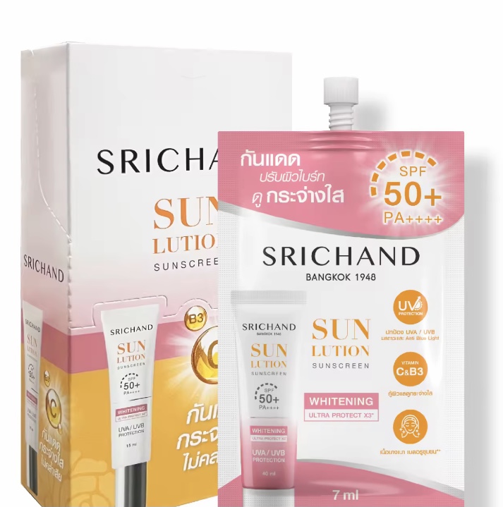 Srichand Sun Lution Sunscreen (6Pcs/Box) Srichand Sun Lution Sunscreen (6Pcs/Box) Whitening and Brightening Skin Formula, Sun Lution Skin Whitening Sunscreen Spf50+ Pa++++ (7 ml Packet)