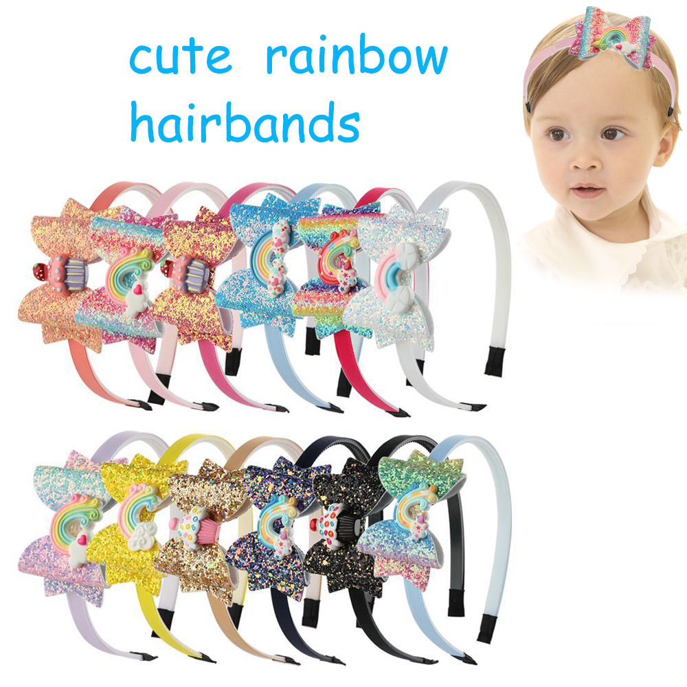 QEANC เด็กสาวหวาน Rainbow Shiny Bows ที่คาดผมติดเลื่อม Headdress ห่วงรัดผม Hairbands