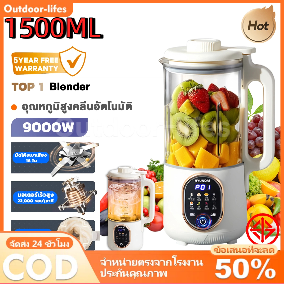 Smart Wall Heater丨1500Ml, 16 Blades, Fine Grinding丨9000W Multipurpose Blender丨5 Year Warranty ราคา 612 บาท*ส่งฟรี