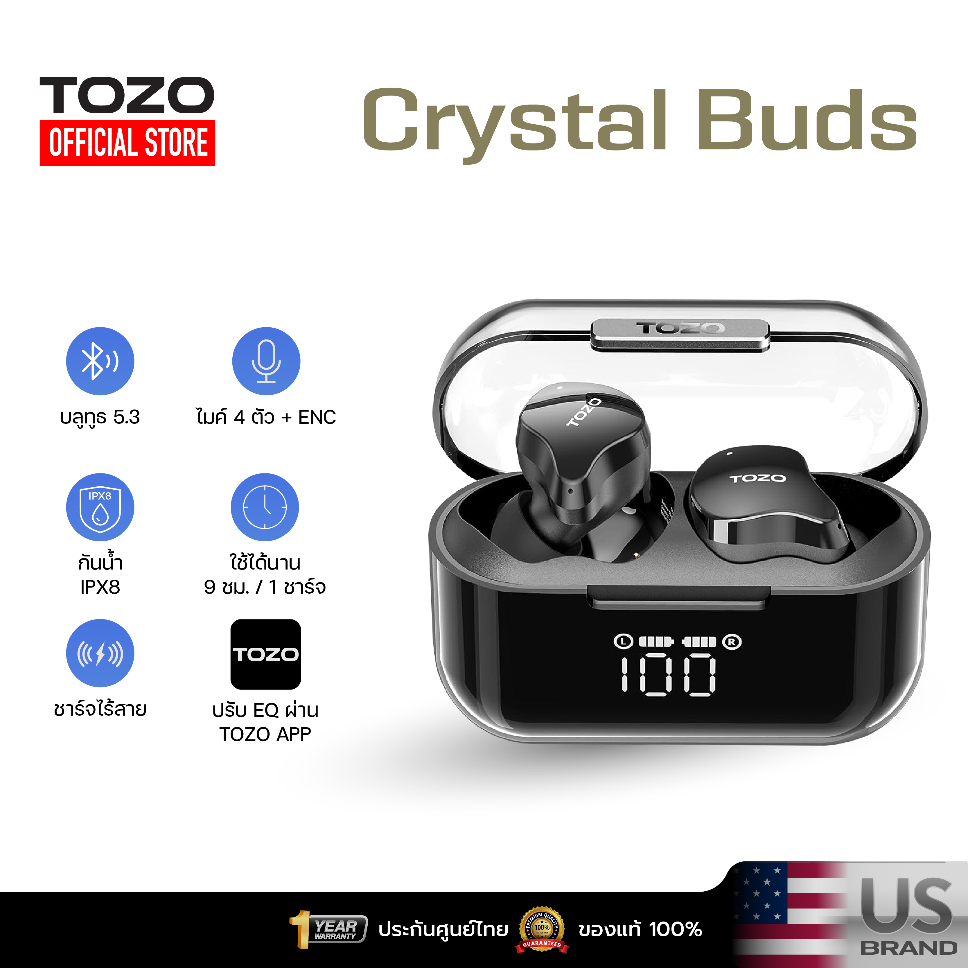 [ประกันศูนย์ไทย] TOZO Crystal Buds หูฟังบลูทูธ In-Ear IPX8 หูฟังไร้สาย truewireless Bluetooth 5.3 ราคา 1,290 บาท*ส่งฟรี