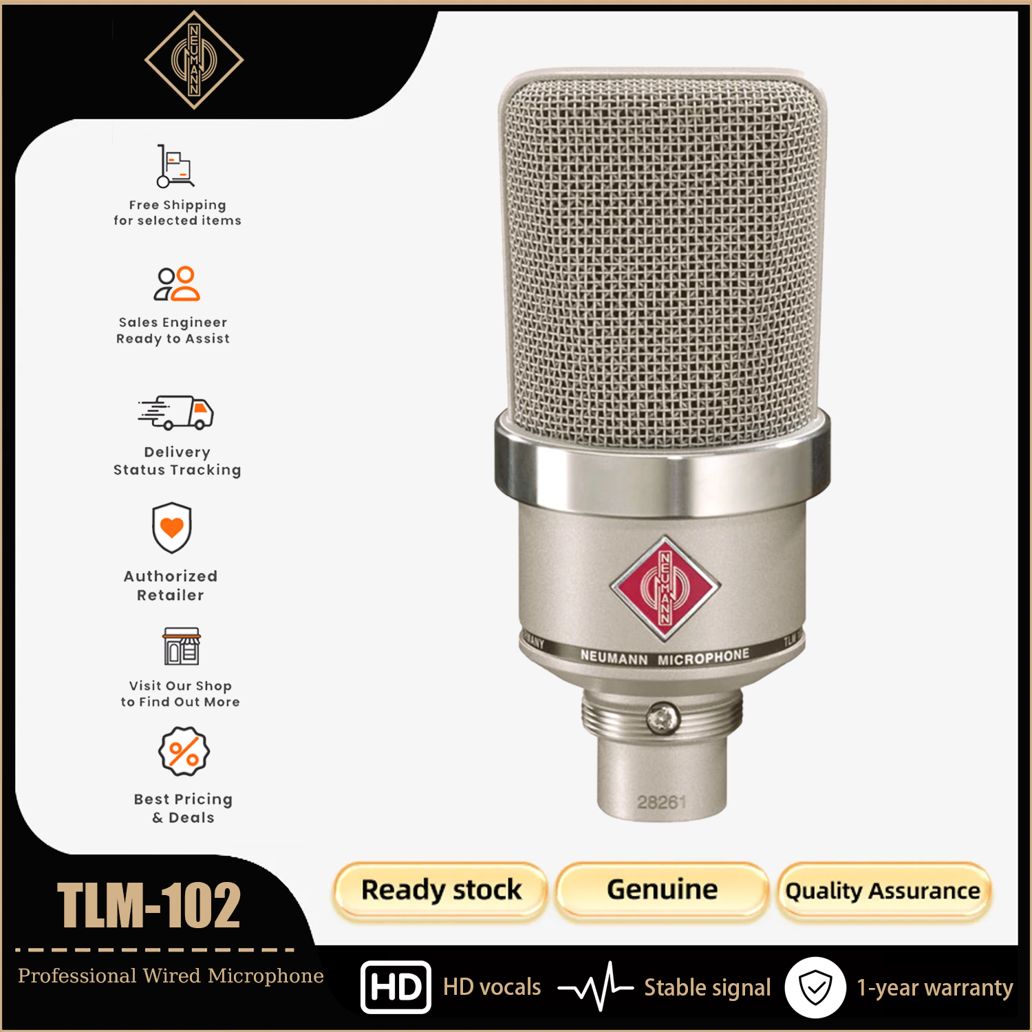 Neumann Tlm 102 Large-Diaphragm Cardioid Condenser Microphone, Ideal for Recording and Podcasts, Streaming Media