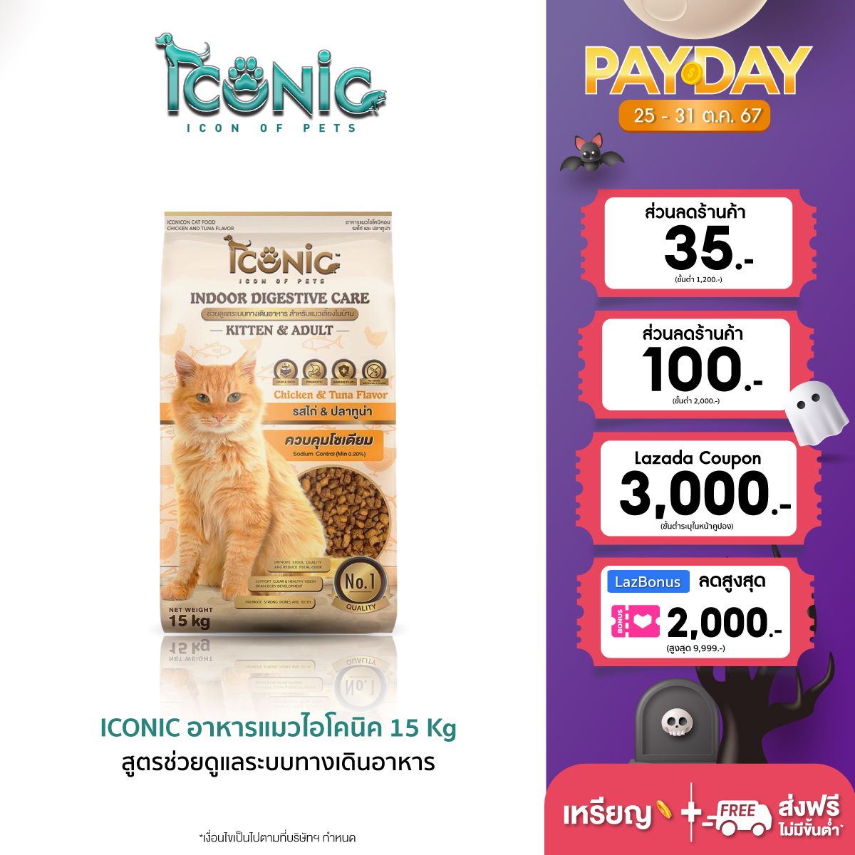 ICONIC CAT INDOOR FOOD 15 Kg (DIGESTIVE CARE) ราคา 940 บาท*ส่งฟรี