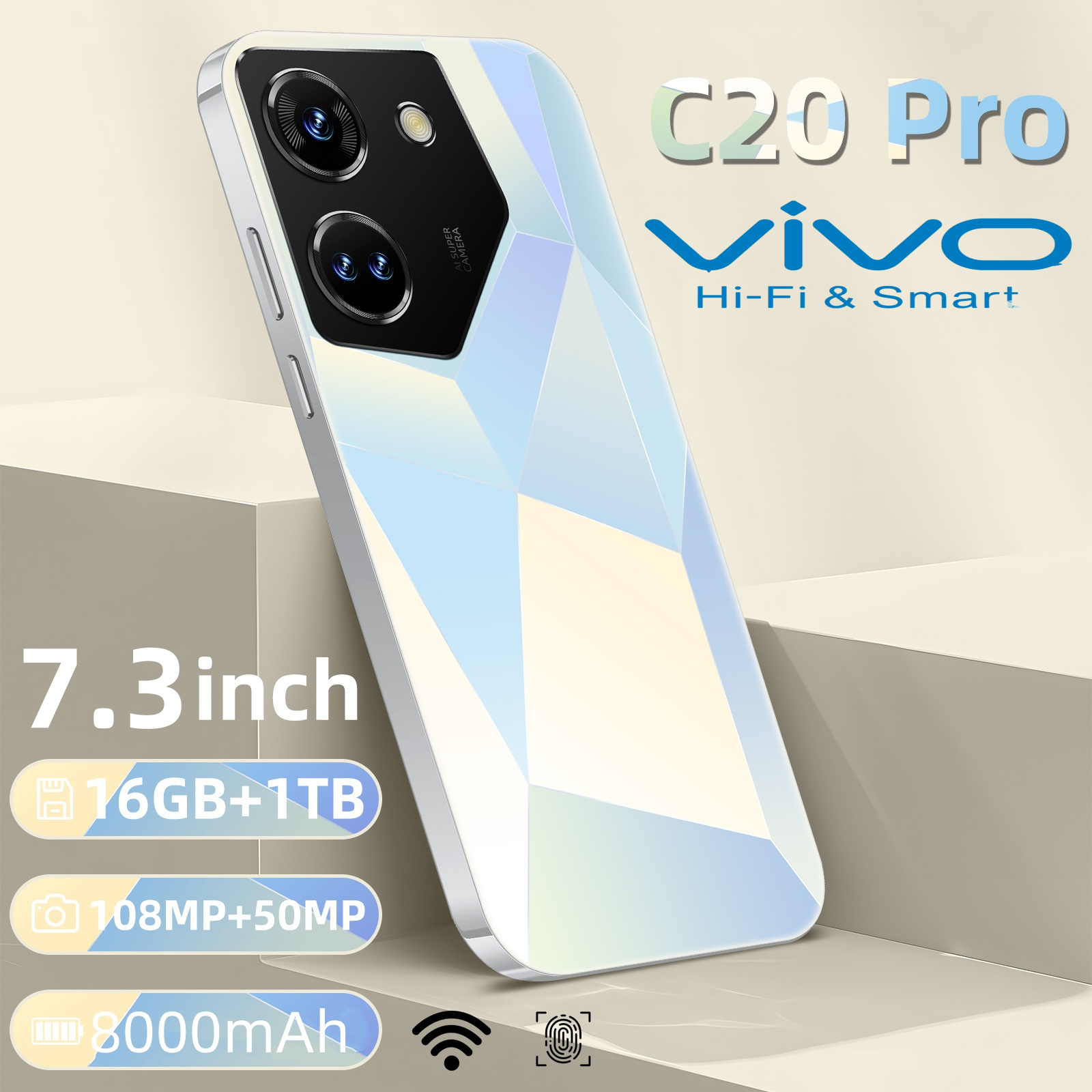 (สินค้าใหม่)สมาร์ทโฟน VlV0 C20 Pro 7.3 นิ้ว RAM 16GB+ROM 1TB, 120hz โทรศัพท์มือถือ 5G 8000mAh กล้อง HD 50MP+108MP ส่วนลดจำกัดเวลาสำหรับช่องใส่ซิมการ์ดคู่ ของแท้ 100% (เก็บเงินปลายทาง) ราคา 799 บาท*ส่งฟรี