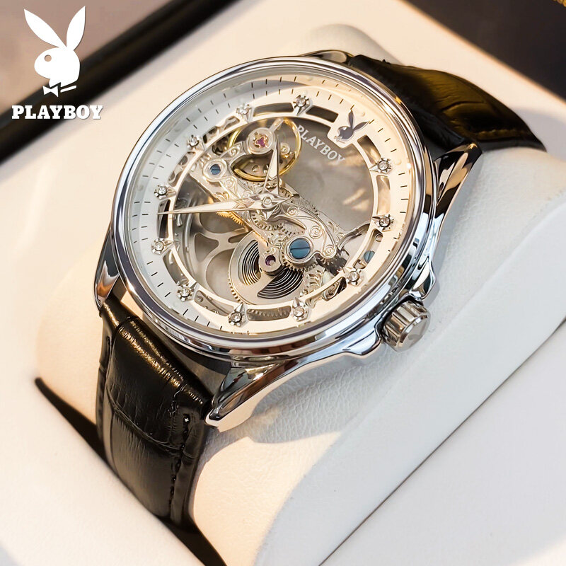 PLAYBOY Automatic Watch For Men Original Waterproof Luminous Hollow Dial Leather Strap Casual Men Watches Genuine Warranty ราคา 2,399 บาท*ส่งฟรี