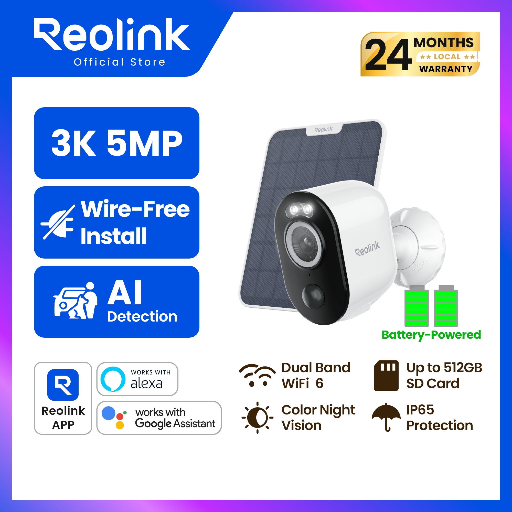 Reolink Argus 3 Pro+Solar Panel | Wi-Fi 5Mp Wireless Cctv Camera | Solar Charging All the Time | Night Color Images | Detect People/Vehicles ราคา 2,509 บาท*ส่งฟรี
