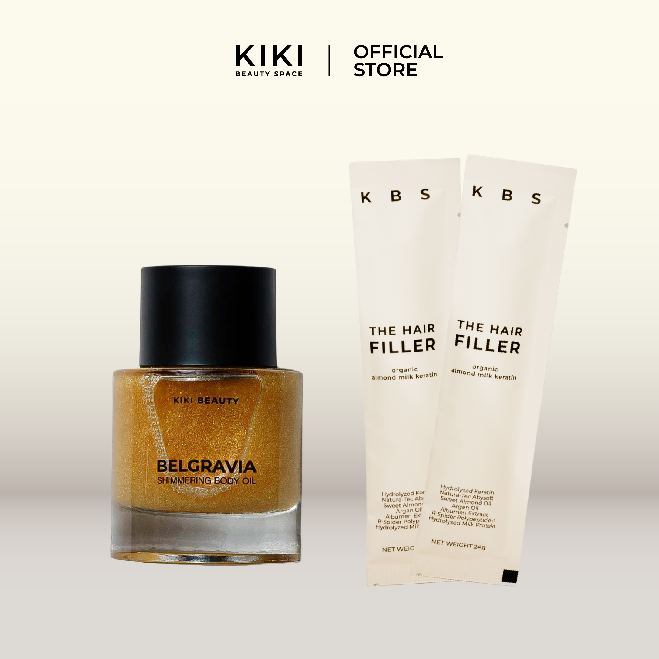 (Product for Free Gift Only) Value Pack: Kiki Beauty Belgravia Shimmering Body Oil + Kbs the Hair Filler X2 ราคา 9,999 บาท*ส่งฟรี