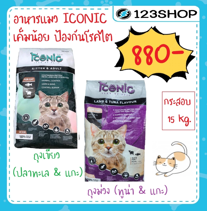ภาพหน้าปกสินค้าIconic ไอโคนิค Premium Cat Food อาหารแมวเกรดพรีเมี่ยม 15 kg. (ยกกระสอบ) ปลาทะเล&แกะ ,ทูน่า&แกะ/ Active-1 (กระสอบ)