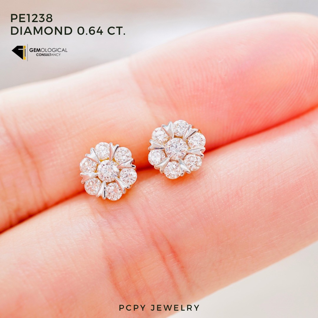 [Pcpy Jewelry] Genuine Diamond Earrings 💎 Genuine 9K Gold (37.5% Gold) 100% Genuine Diamonds, Belgian Cut [9Kpe1238] ราคา 37,990 บาท*ส่งฟรี