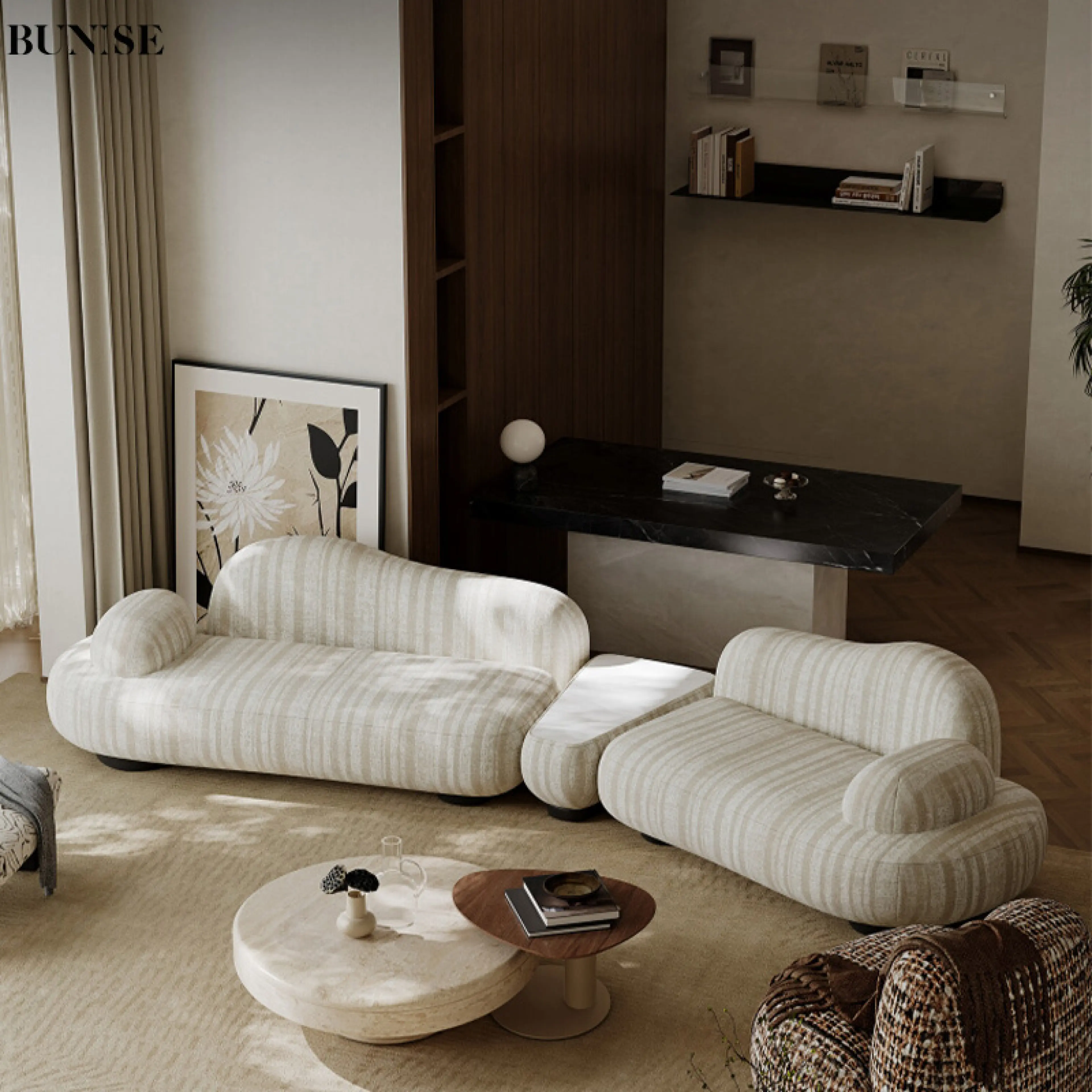 BUNISE Italian Minimalist Curved Fabric Sofa Cotton Linen With Sintered Stone Elements Wabi Sabi Style Designer Original New Model For All Living Room Sizes CRABA Free Nationwide Delivery