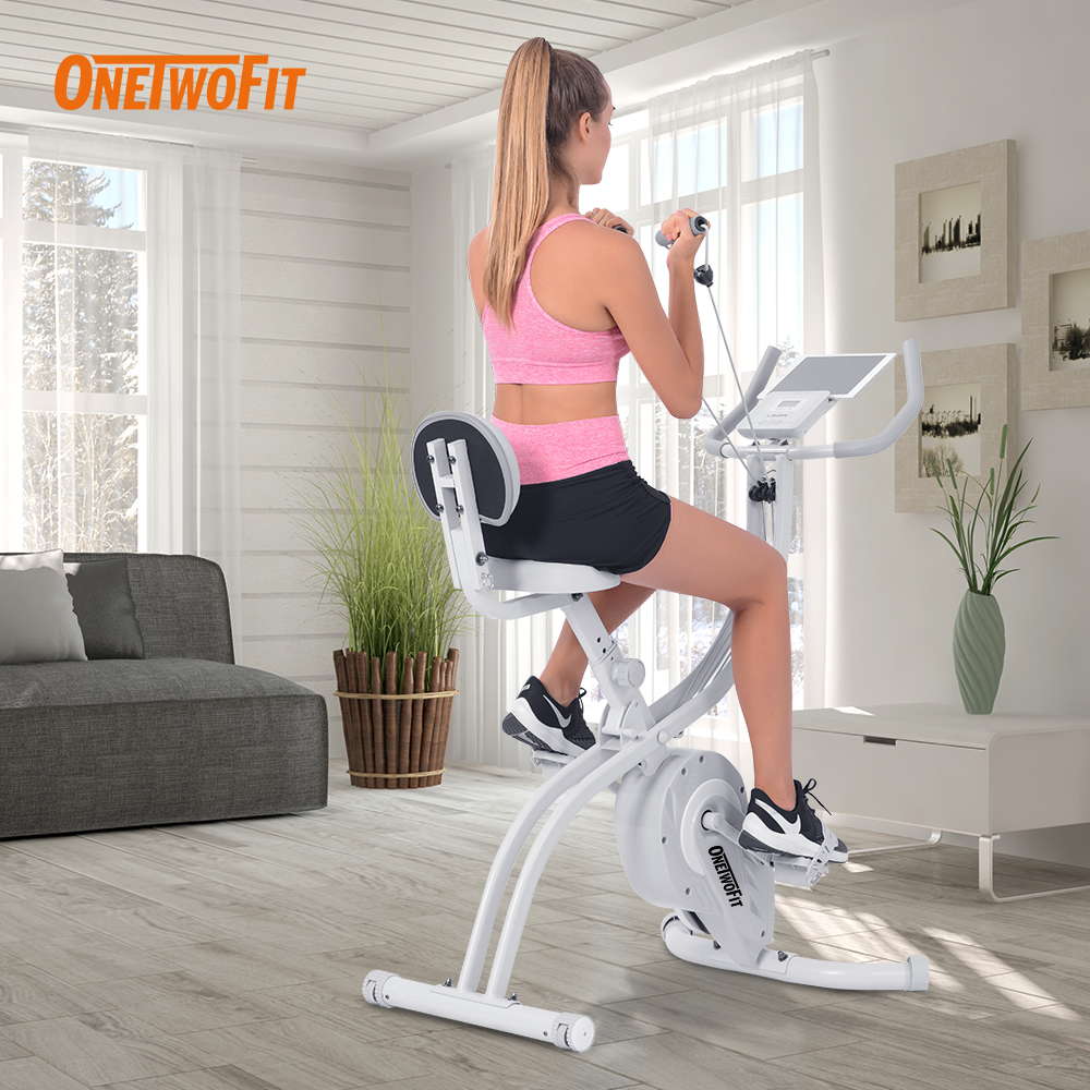 OneTwoFit จักรยานออกกำลังกายแบบพับได้, จักรยานออกกำลังกายแบบแม่เหล็กพับได้พร้อมแถบต้านทานแขน, จักรยานปั่นในร่มพร้อมจอ LCD, เหมาะสำหรับใช้ในบ้าน, ความจุ 260 ปอนด์, OT202