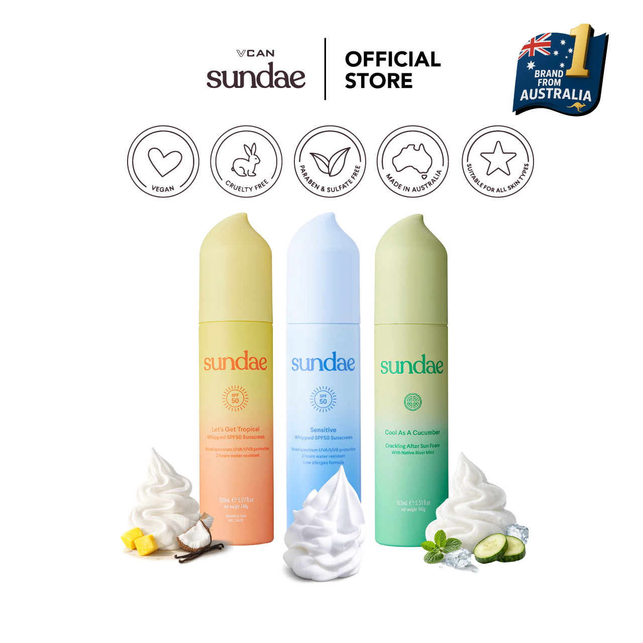 Sundae Whipped Spf50 Sunscreen 140g. Sande Whip Foam Sunscreen, Sunscreen Spf 50 (Skin Care, Uv, Sunscreen)
