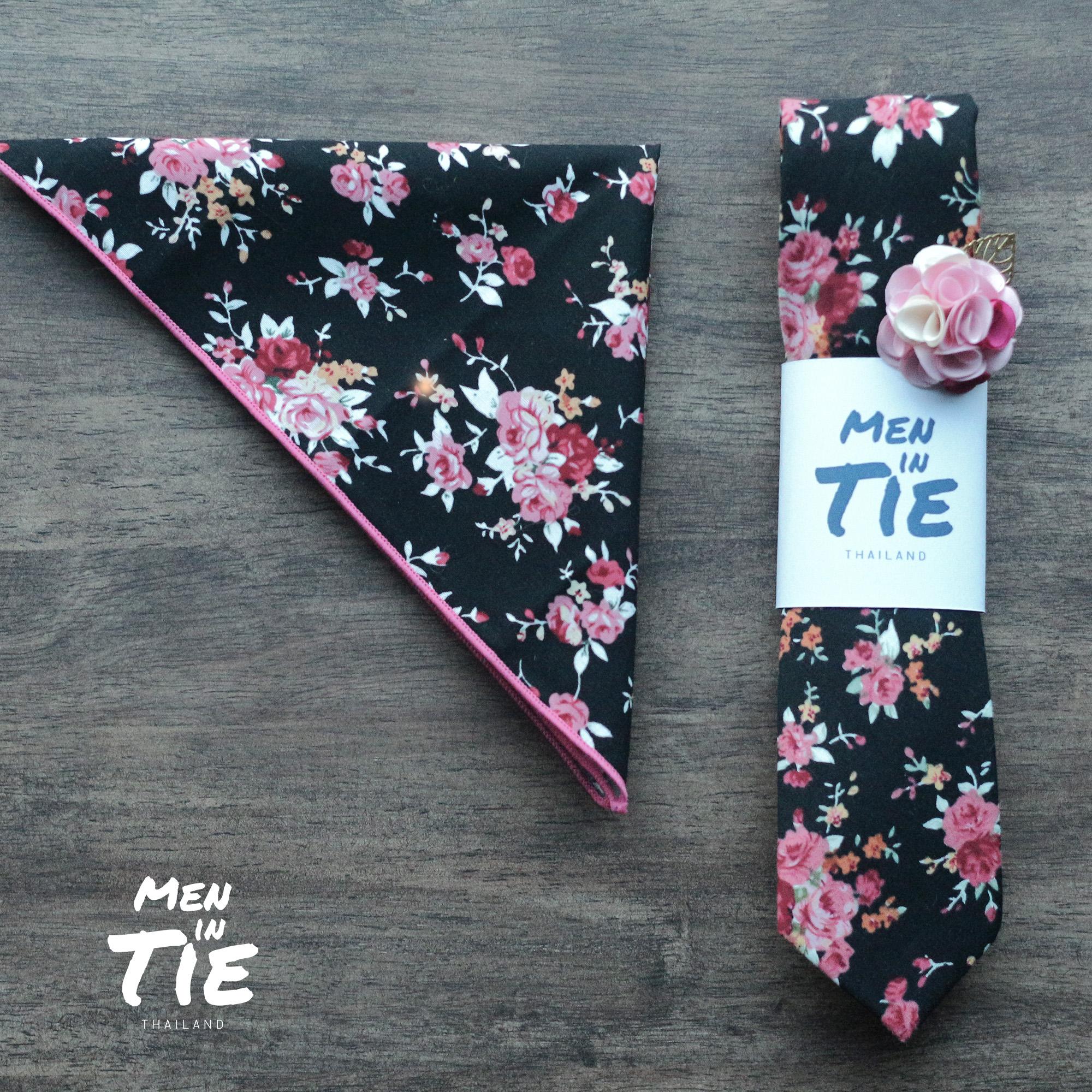 เซ็ทเนคไทคู่ ผ้าเช็ดหน้า ลาเพลพิน ลายดอกไม้ Floral tie with Pocket square and Lapel pin