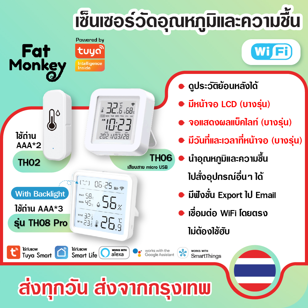 Tuya WiFi Temperature and Humidity Sensor TH02 TH06 TH08 TH16 TH08 Pro เซ็นเซอร์วัดอุณหภูมิและความชื้นพร้อมหน้าจอแสดงผล ราคา 150 บาท*ส่งฟรี