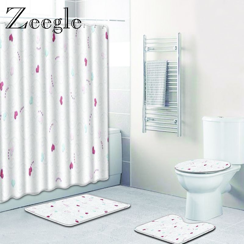 Zeegle Shower Curtain Set with Bath Mat Toilet Entrance Mat Doormat Floor Rug Washable Foot Mat Bathroom Carpet Modern Rug