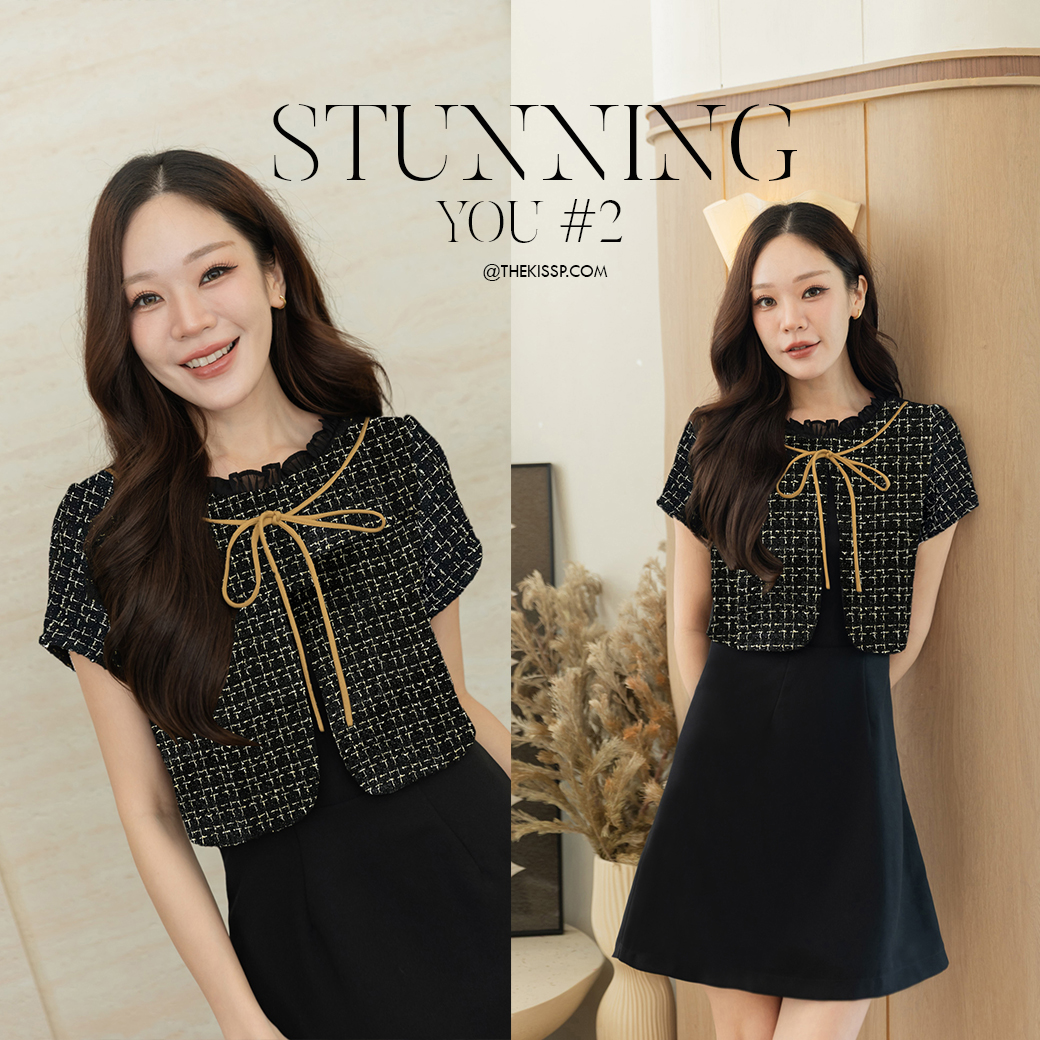 Lazakissp : Stunning You'Dress Ep.2 Women's Clothing > Dress, Black Check Pattern, Gold Bow Tie Collar, Short Sleeves, Simple Style. Suitable for Everyday Wear. ราคา 1,050 บาท*ส่งฟรี