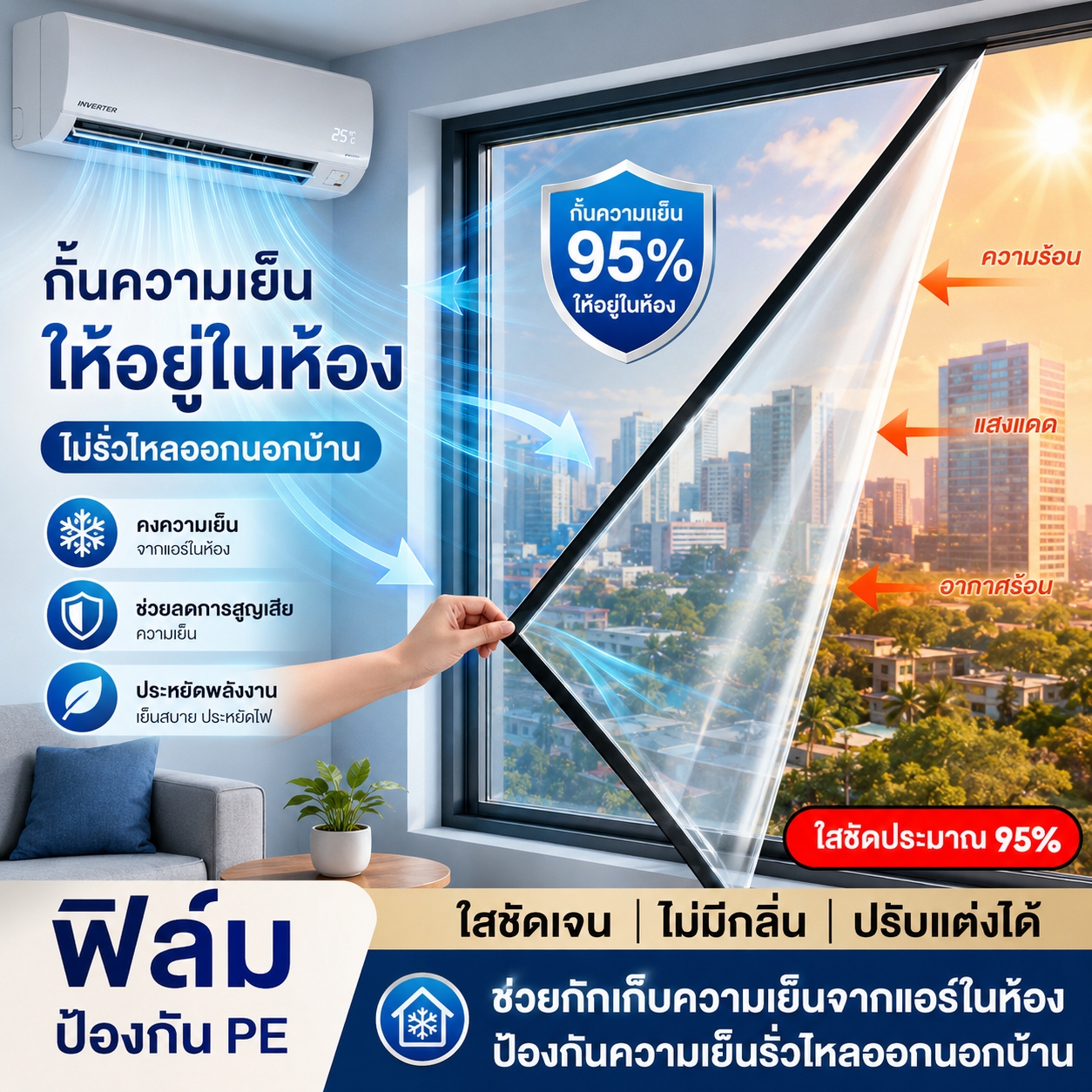 Clear Window Heat Protection Film Heat-Insulating Film, Saves Energy, Reduces Heat, Blocks Uv, Windproof, Rainproof, Self-Adhesive, Easy to Install, Can Be Cut to Size. ราคา 326 บาท*ส่งฟรี