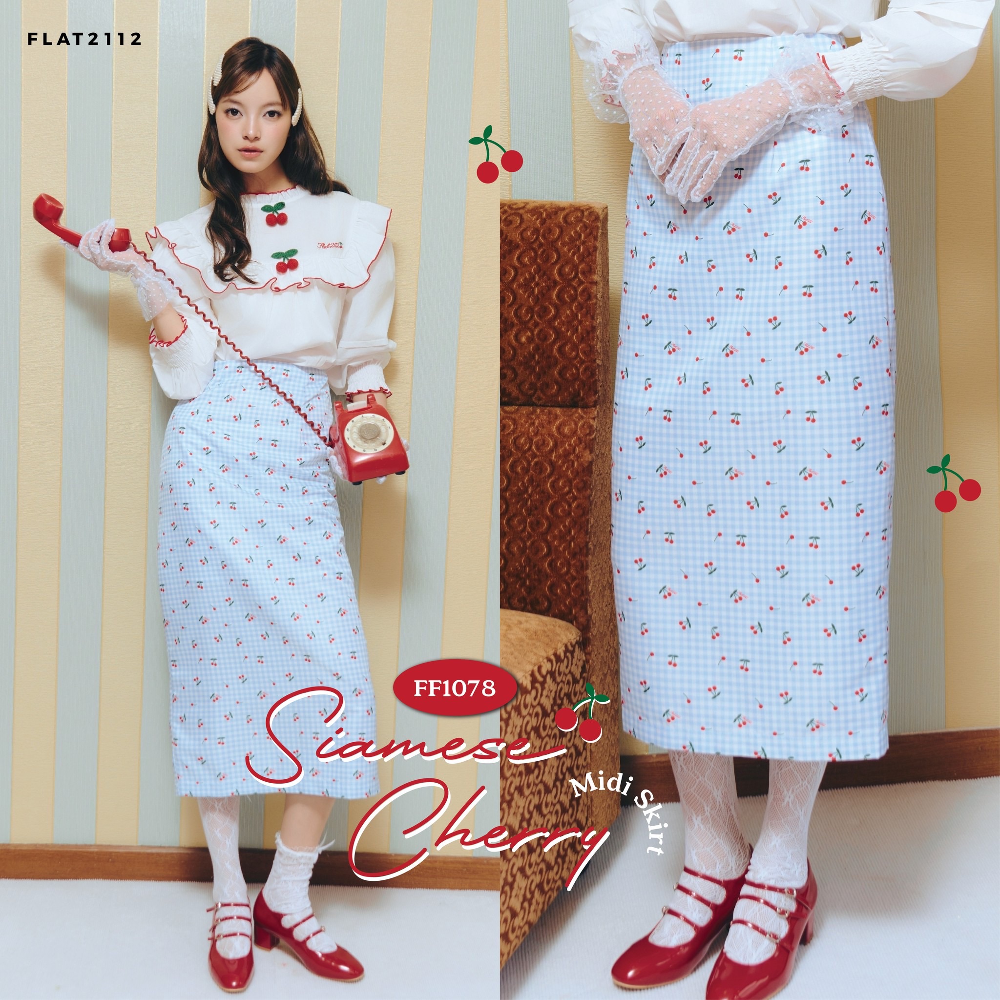 FLAT2112 FF1078 : SIAMESE CHERRY MIDI SKIRT กระโปรงยาว กระโปรงทรงสอบ ชุดสงกรานต์ ราคา 990 บาท*ส่งฟรี