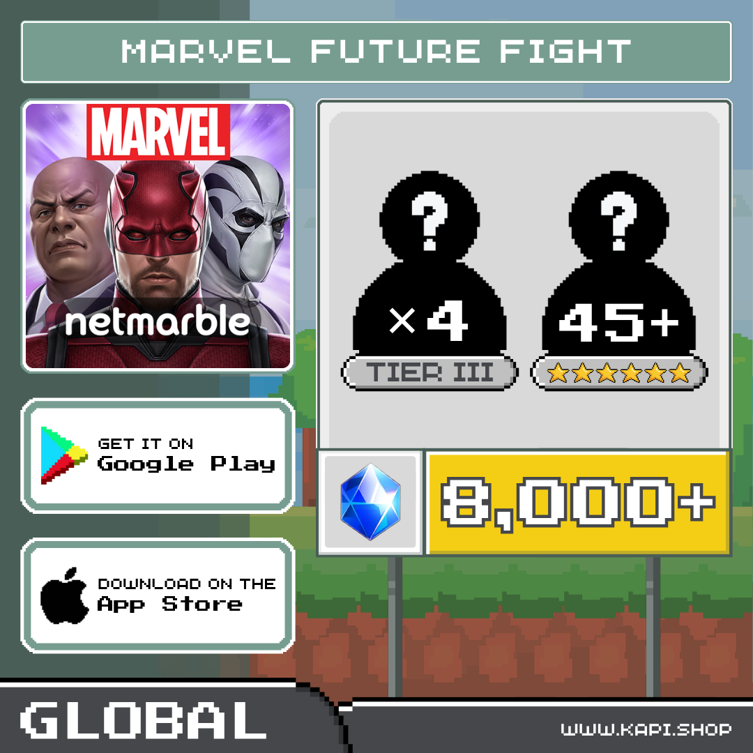 MARVEL Future Fight (Global) - 8,000+ Crystals + Random 4 Tier Iii Characters + Random 6-Star Characters 45 or More. ราคา 645 บาท*ส่งฟรี