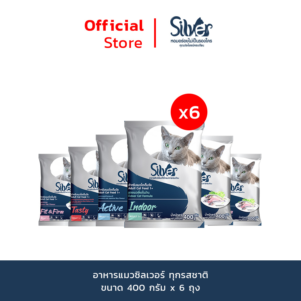 SILVER อาหารแมว ทุกรสชาติ ขนาด 400 กรัม x 6 ถุง ราคา 280 บาท*ส่งฟรี