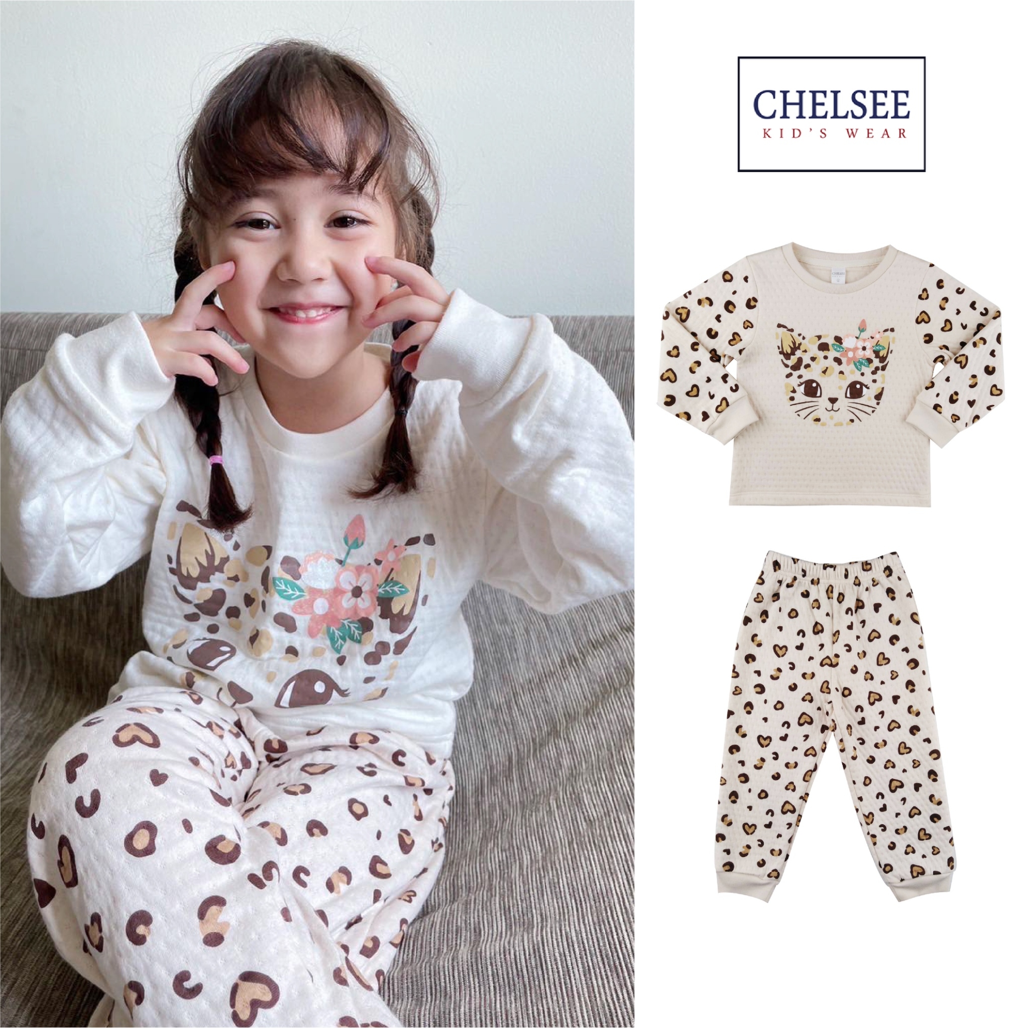 NEW !!!! Chelsee ชุดนอนผ้าแซนวิช เด็กผู้หญิง รุ่น 237959 ลายแมวเสือดาว แขนยาว อายุ 2-10 ปี ผ้า 100%Cotton+Poly ผ้านุ่ม ชุดนอนเด็ก เสื้อผ้าเด็กโต ราคา 516 บาท*ส่งฟรี