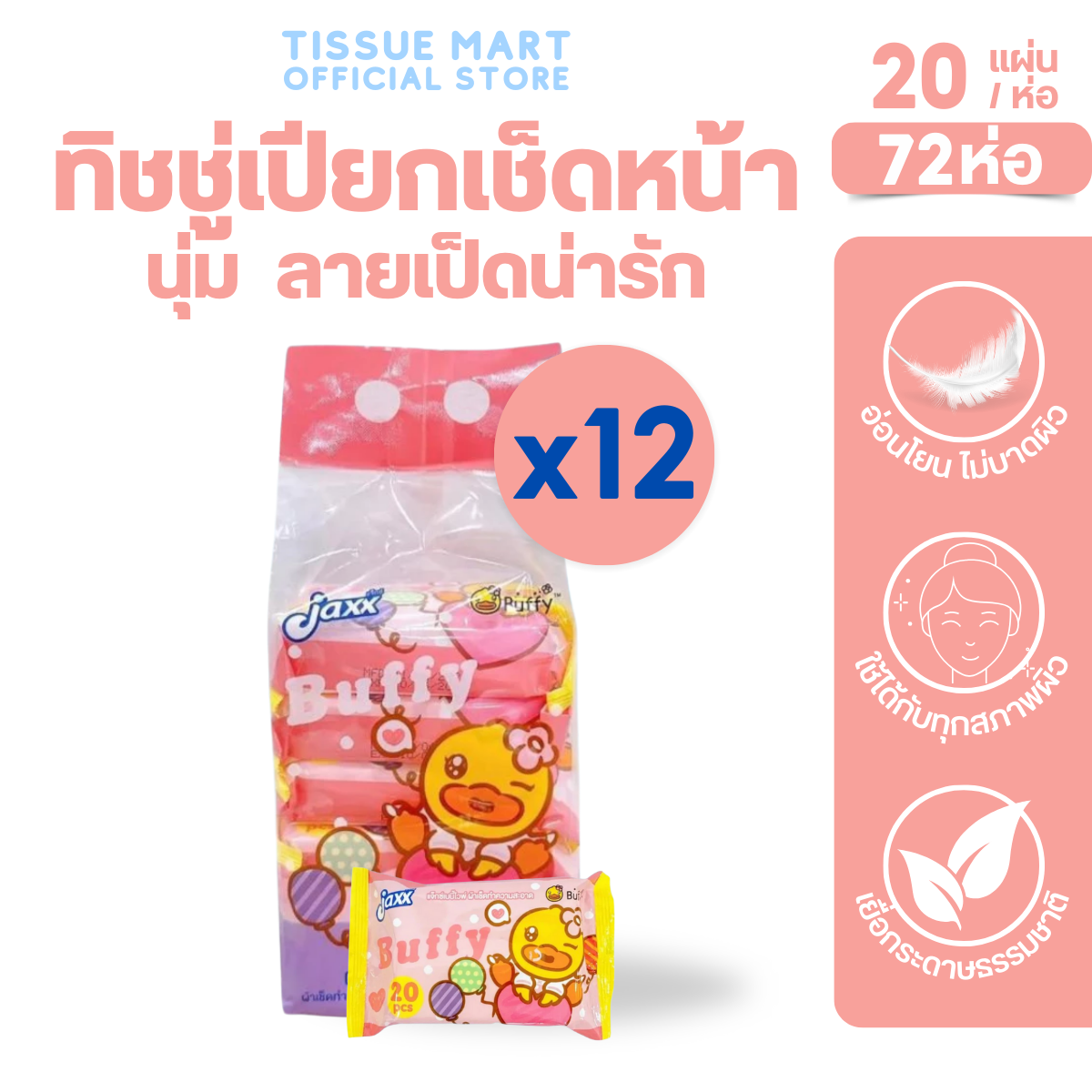 Whole Box of Jaxx B Duck, Jaxx Tissue Duck, Portable Wet Tissue Paper. Whole Box of 72 Packs, Contains 20 Sheets Per Pack, Pack of 6 Packs. ราคา 583 บาท*ส่งฟรี