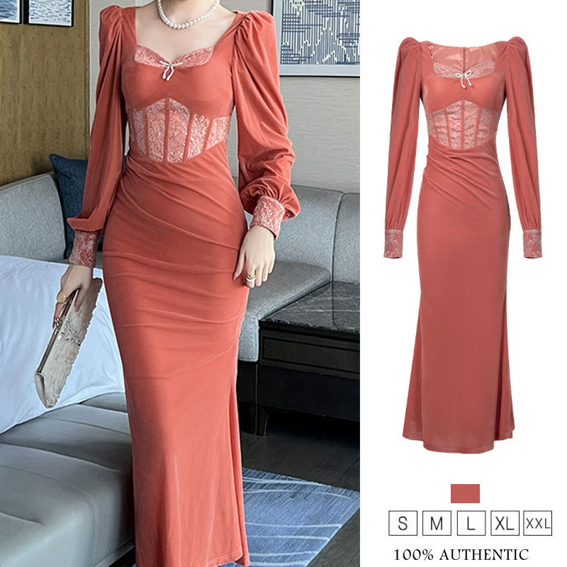 ZYHT EraVogue Váy nữ Váy màu cam Váy cổ vuông Váy ren Váy công sở Váy Hiso Váy cổ điển Váy bảo hộ lao động Váy dạ hội 11418