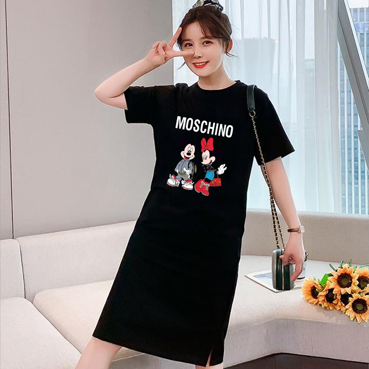 เดรสยาวเสื้อยืดแฟชั่นผู้หญิงสไตล์เกาหลี คอกลมแขนสั้น เนื้อผ้ายืดหยุ่นดี แนวหวานสดวัยรุ่นน่ารักQ10(จัดส่งโดยKerry)