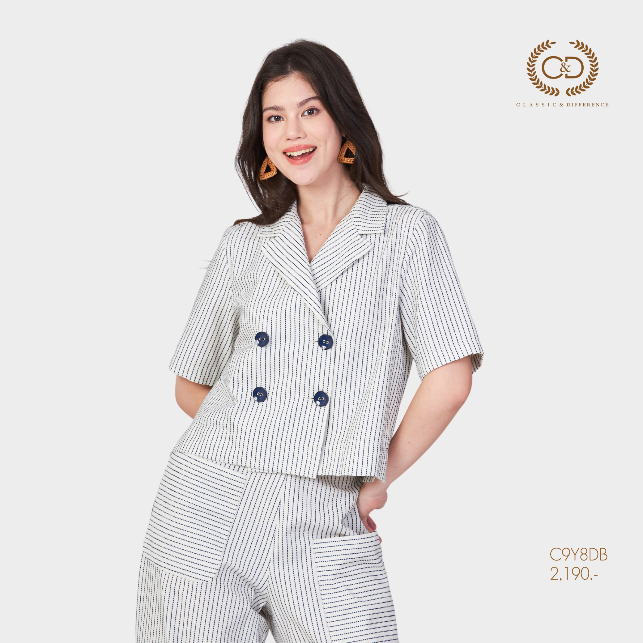 C&D Woman's Blouse Minimal Navy, Women's Shirt, Embroidered Pattern, Hawaiian Collar, Short Sleeves, Navy Blue C9Y8Db ราคา 2,099 บาท*ส่งฟรี
