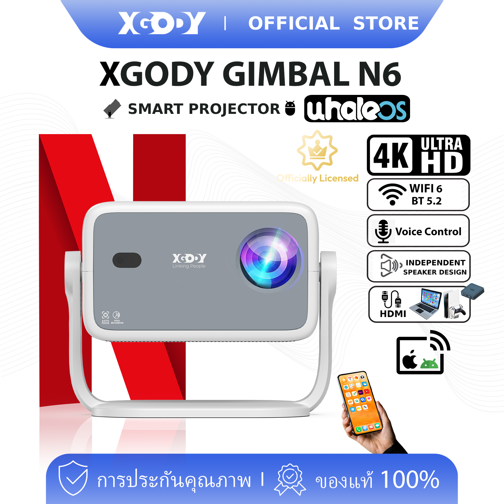 XGODY Gimbal N6 Native 1080P Smart Portable Projector 500 ANSI Lumen Support 4K Decoding 180° Rotation Autofocus Correction Home Theater ราคา 3,299 บาท*ส่งฟรี