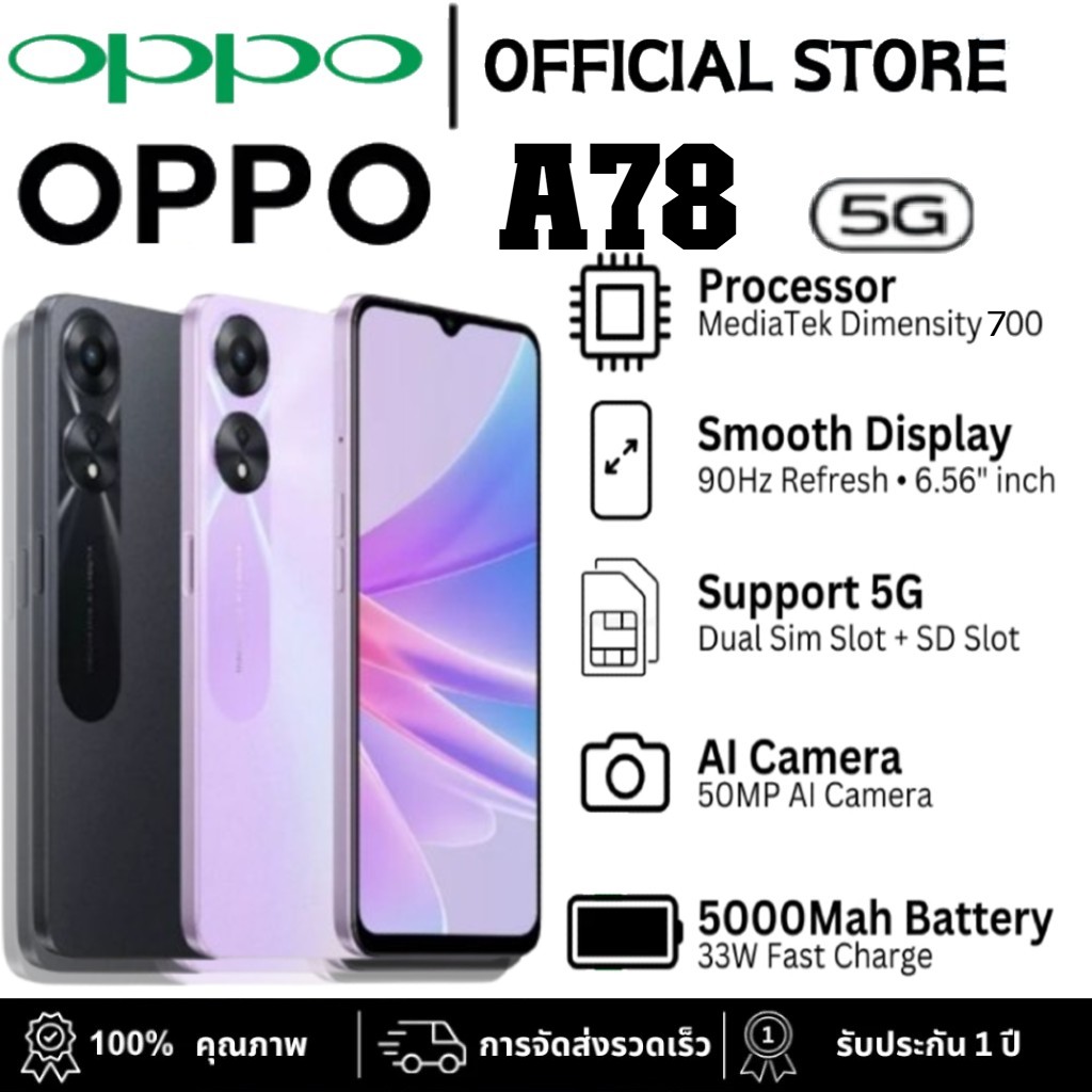 Oppo A78 5g | 8+256Gb | Fhd+ Amoled Screen | 5000Mah Battery | Fast Charge 33W ราคา 2,999 บาท*ส่งฟรี