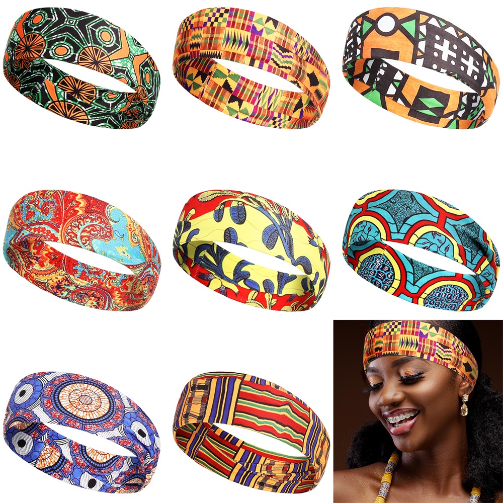 BUBBLE FASHION Wide Boho Print Stretchy Elastic African Head Wrap Hairband Headband Turban