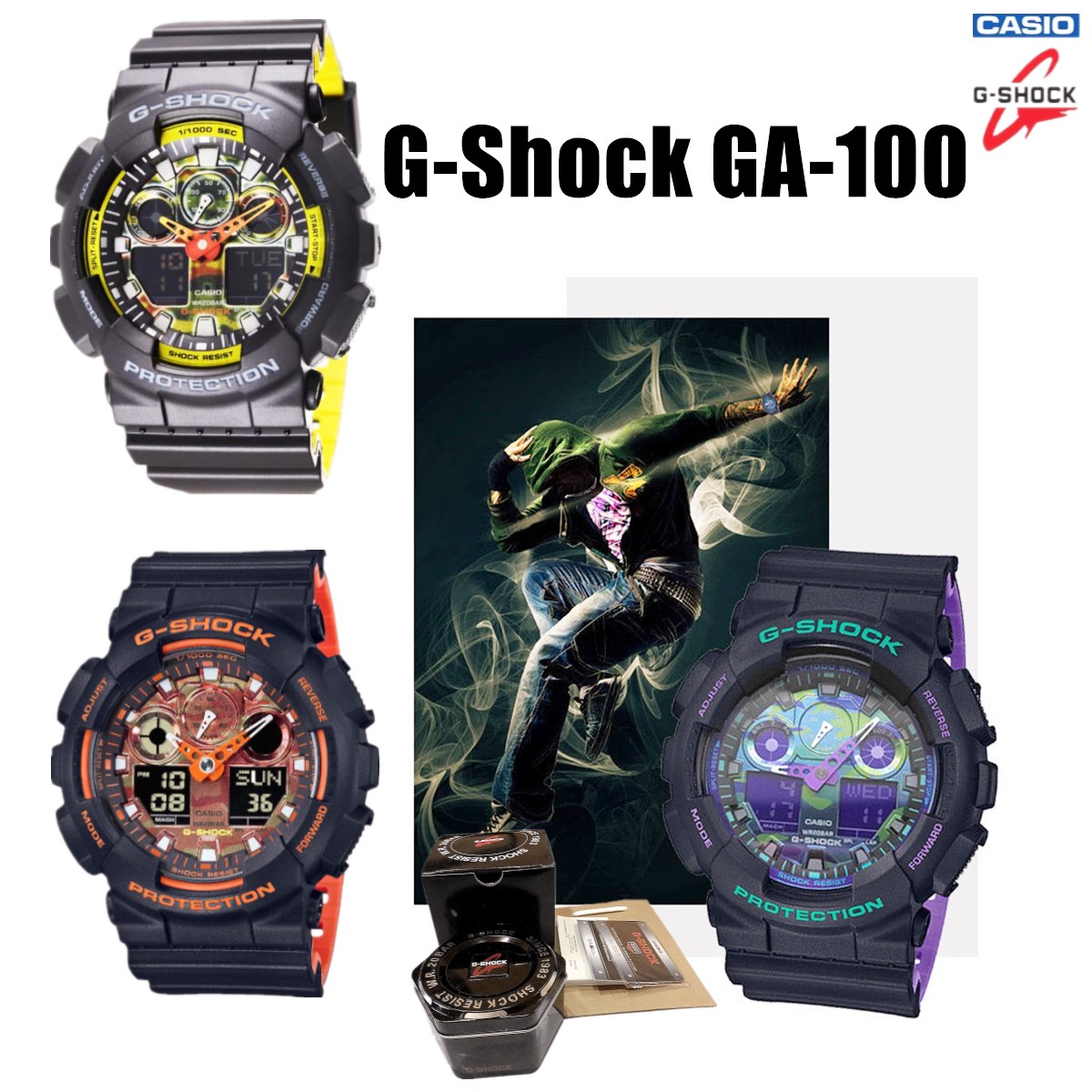 ข้อมูลประกอบของ CASIO G-Shock GA-100 นาฬิกาข้อมือแฟชั่น มีสามสีให้เลือก ใส่ได้ทั้งชายและหญิง หน้าปัด40มม.