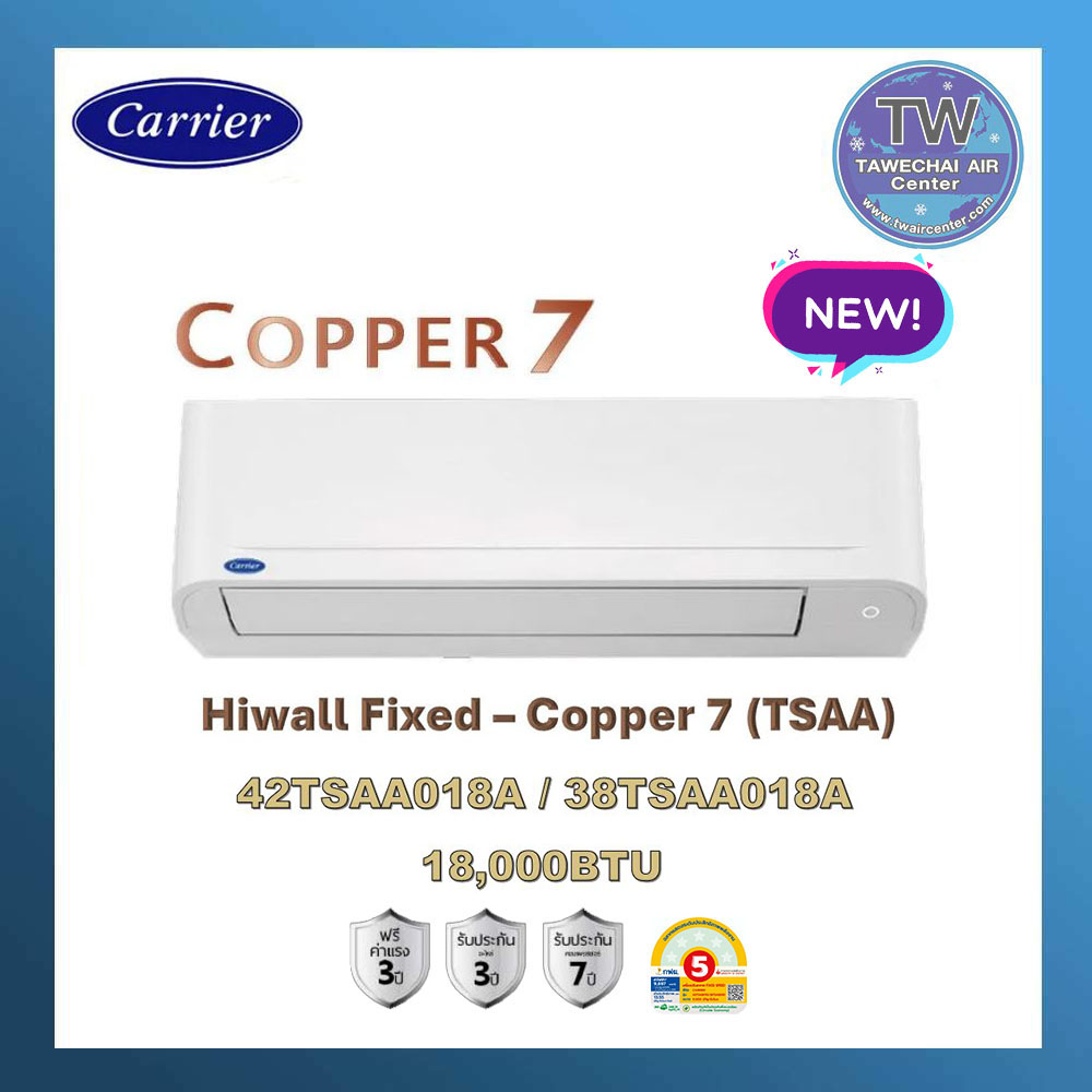 Carrier รุ่น Copper7 Fixed speed 42TSAA018A ขนาด 18,000 BTU เบอร์5 ปี2024 แอร์ผนัง แอร์เครื่องปรับอากาศ TWaircenter ราคา 24,545 บาท*ส่งฟรี