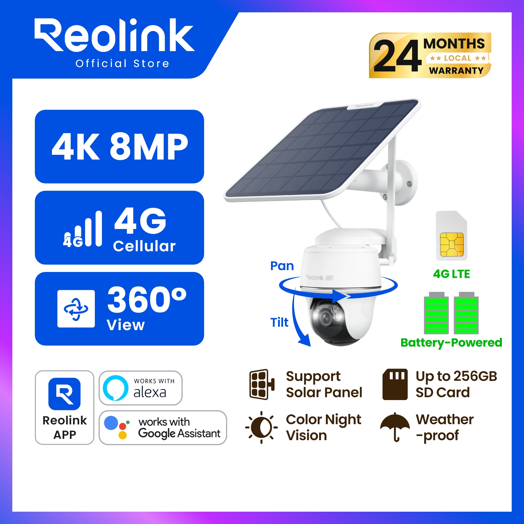 กล้องถ่ายรูป กล้องดิจิตอลมิลเลอร์เลส และอุปกรณ์ถ่ายภาพ Reolink Go Pt Ultra+Sp2 4K 4g กล้อง, ใส่ซิมการ์ด, ไม่ใช้ Wi-Fi + โซล่าเซลล์ | หมุน 360 อัตโนมัติ | ภาพสีกลางคืน (ไม่รวมซิม)