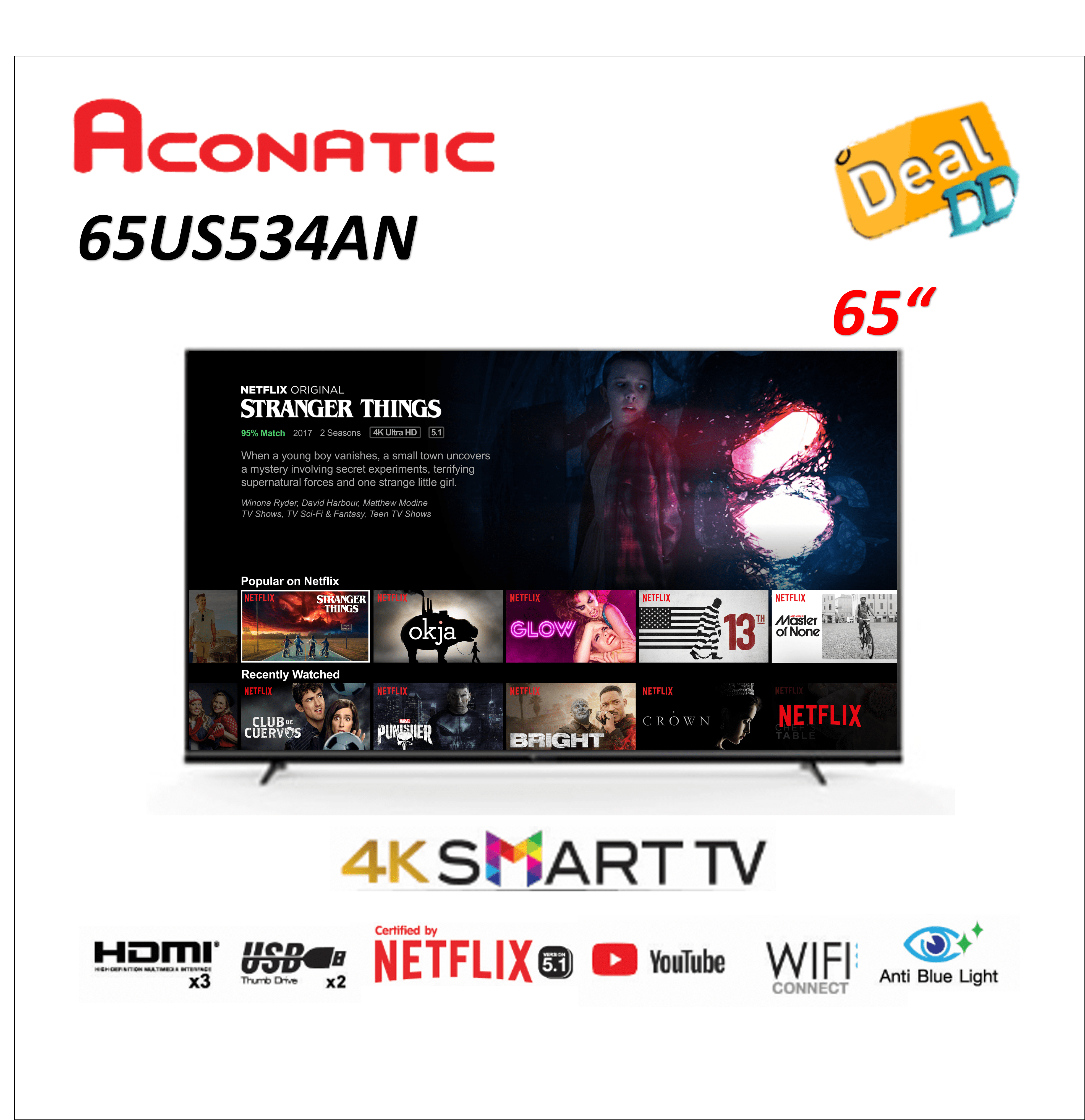 Aconatic สมาร์ททีวี UHD ขนาด 65 นิ้ว Netflix License รุ่น 65US534AN (รับประกันศูนย์3ปี)
