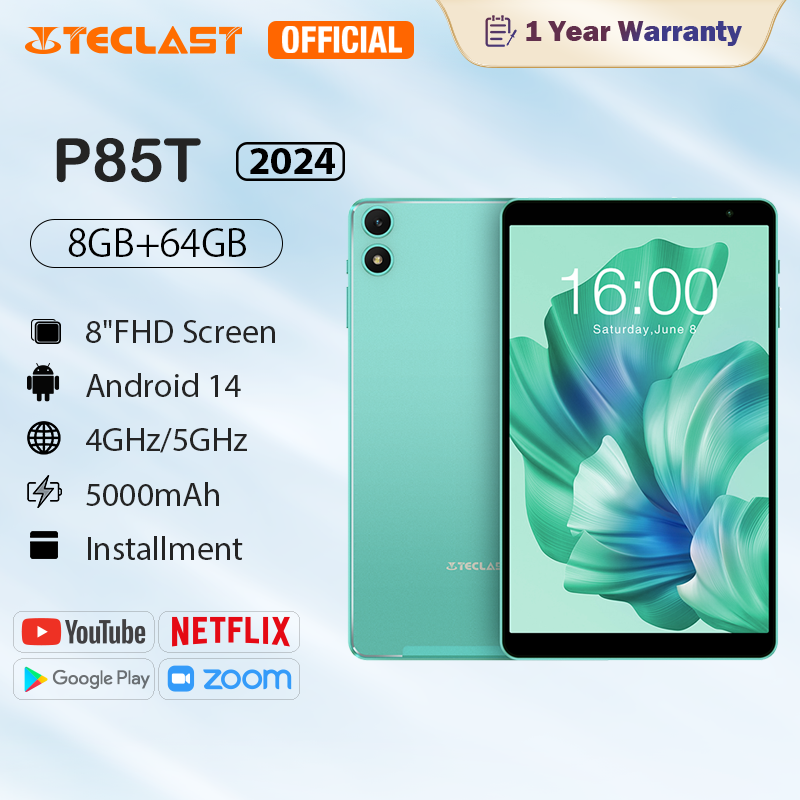 Teclast p85t | 8 "IPs | Android 14 | 10GB RAM (6 + 4) + 64GB ROM | support 1TB | octa-core 1.8GHz | Widevine L1 | WiFi 6 (2.4g/5G) | 5000mAh battery | USB-C quick charge | wireless casting | GMs, OTG, bt5.2 | body metal | without GPS | 1 year warranty ราคา 2,562 บาท*ส่งฟรี