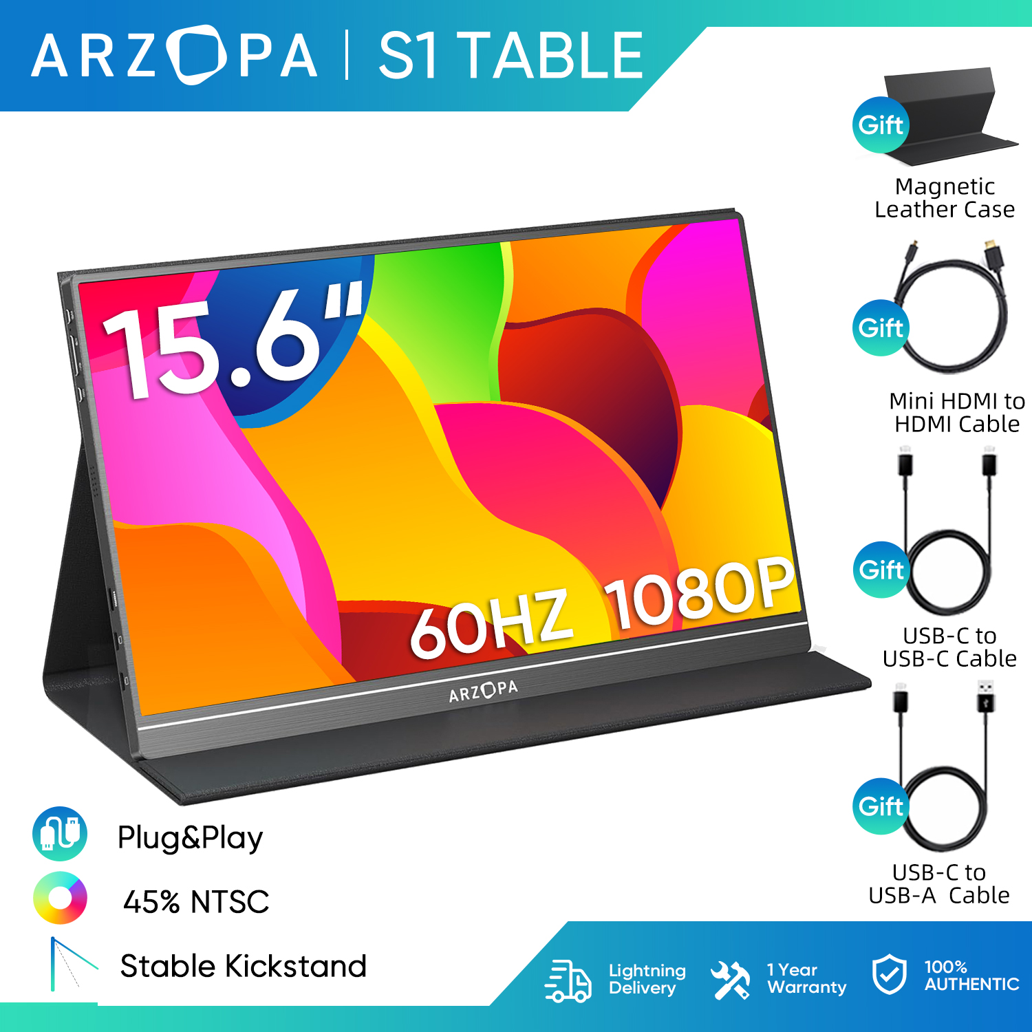 Arzopa 15.6 'desktop portable monitor FHD 1080p second screen HDMI USB C gaming monitor for Mac phone Xbox PS5-S1 Table ราคา 2,799 บาท*ส่งฟรี