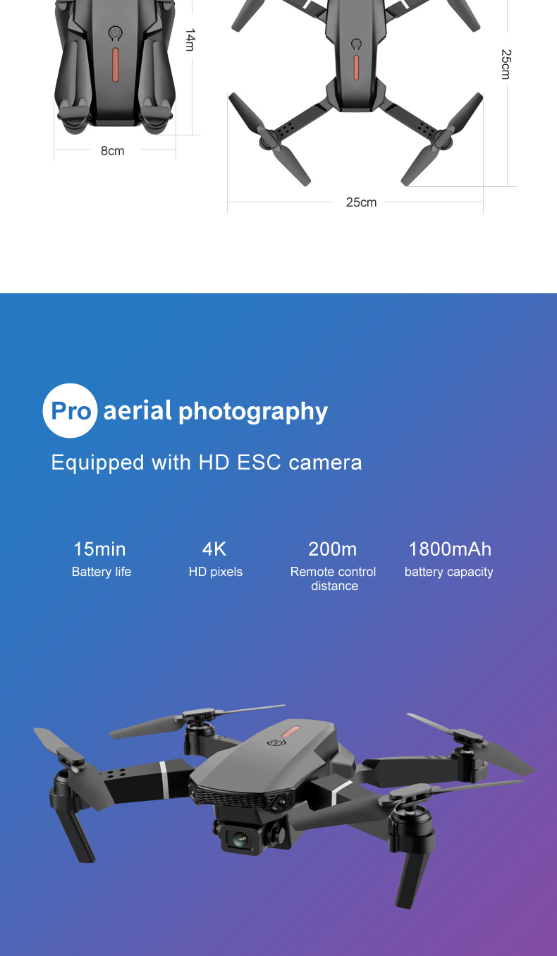 ข้อมูลประกอบของ ✈️ส่งมาจากประเทศไทย✈️E88 Pro Drone กล้องคู่มุมกว้าง 4K HD โดรนควบคุมตำแหน่ง GPS ระยะไกล