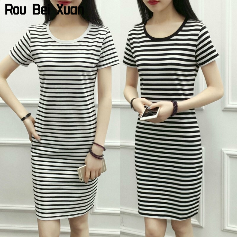 Ruo Bei Xuan Women's dress, loose striped mid-length V-neck dress for women's ราคา 73 บาท*ส่งฟรี