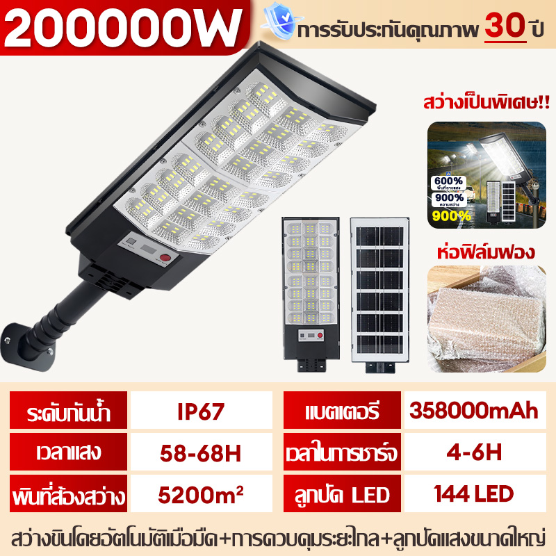 รับประกัน 30 ปี ไฟถนนโซล่าเซลล์ ไฟโซล่าเซลล์ 600000W ไฟโซล่าเซล Solar Light แสงสีขาว IP67กันน้ำป้องกันฟ้าผ่า สว่างขึ้นโดยอัตโนมัตตอนกลางคืน LED โซล่าเซลล์ solar street lamp หลอดไฟ led