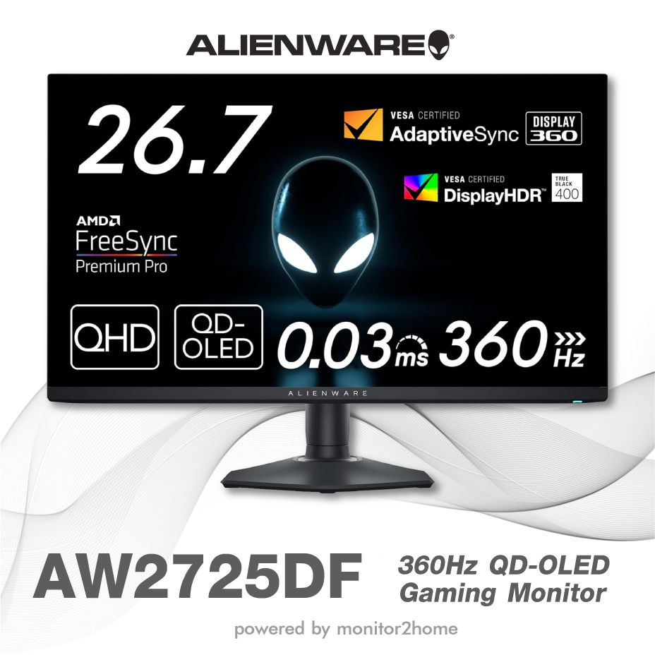 Alienware AW2725DF 27 QD-OLED Gaming Monitor, 360Hz, QD OLED, 0.03ms, AMD FreeSync Premium Pro, VESA AdaptiveSync, 99.3% DCI-P3, HDR400, 2X DP, 1x HDMI, 3X USB. 3Yrs Warranty ราคา 31,990 บาท*ส่งฟรี