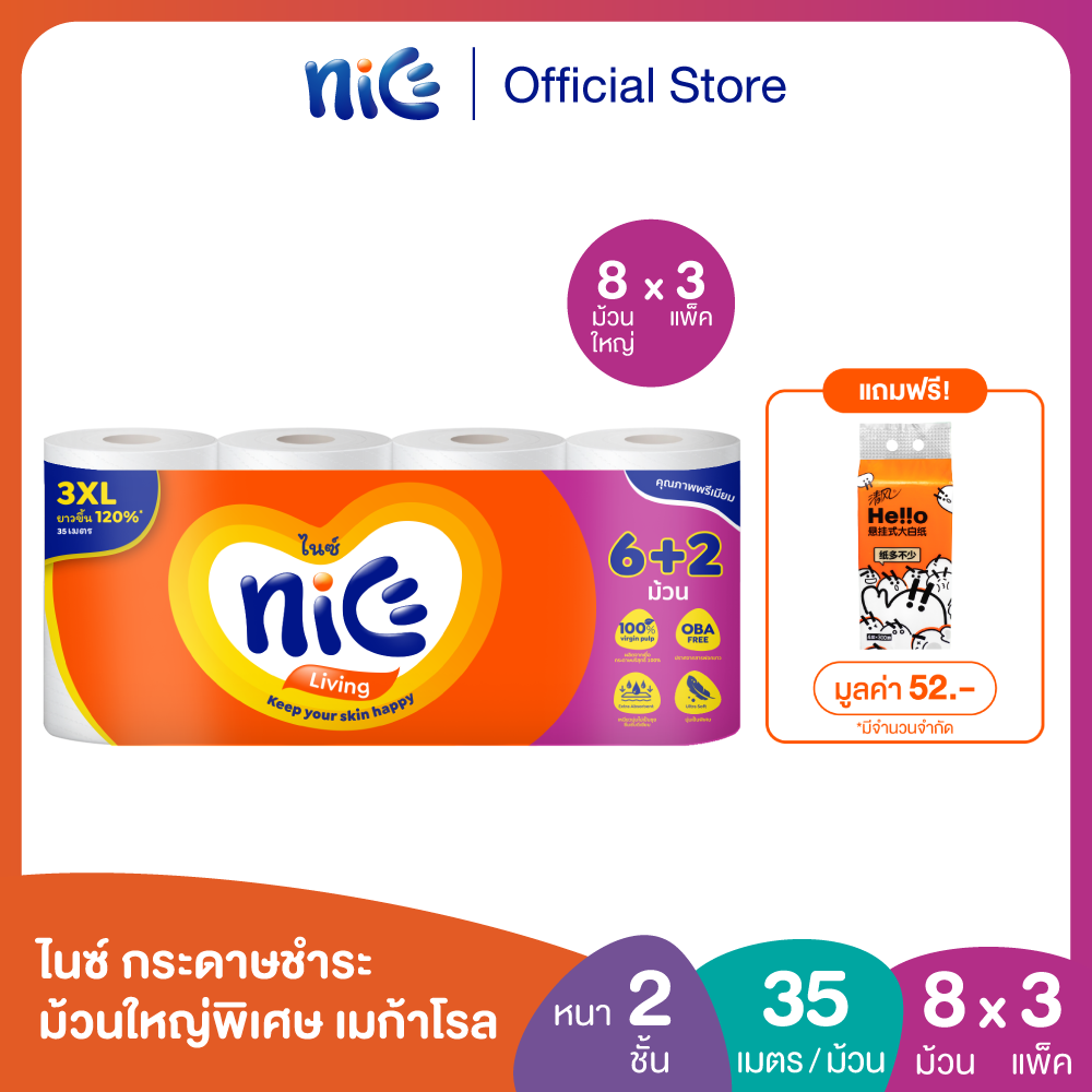 (PACK3 24Mega rolls) Nice Mega Roll Bath Tissue 6+2 rolls X 3 ราคา 284 บาท*ส่งฟรี