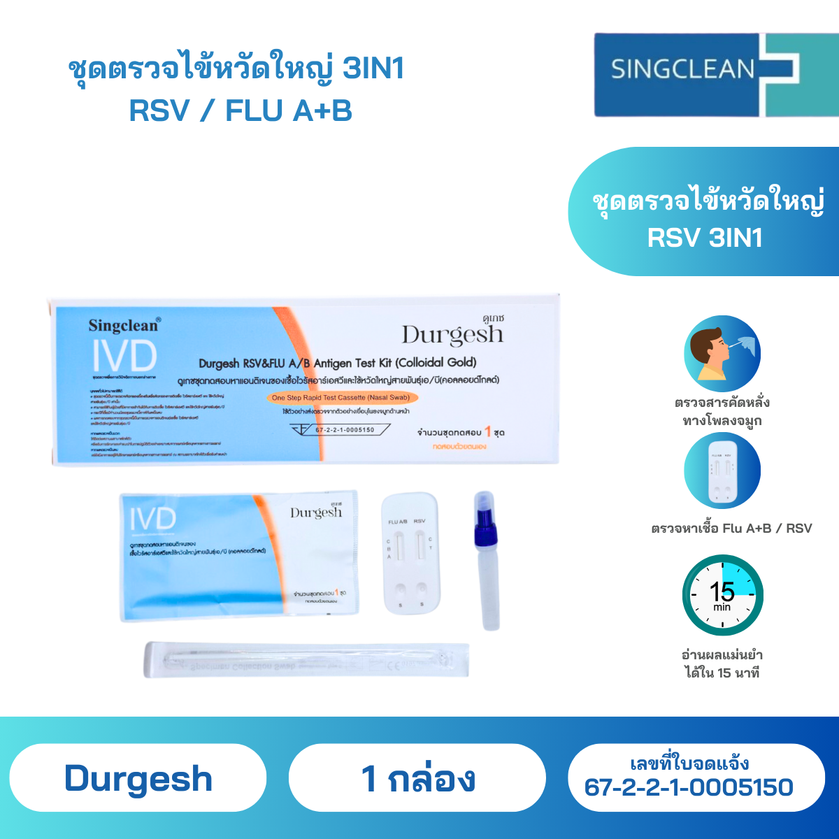 ชุดตรวจไข้หวัดใหญ่ RSV 3 IN1 ยี่ห้อDurgerh สามารถตรวจหาเชื้อ RSV / FLU A / FLU ผลตรวจแม่นยำเชื่อถือได้ ให้ผลรวดเร็วภายใน 5 นาที ใช้งานง่าย (สินค้าพร้อมส่ง) ราคา 57 บาท*ส่งฟรี